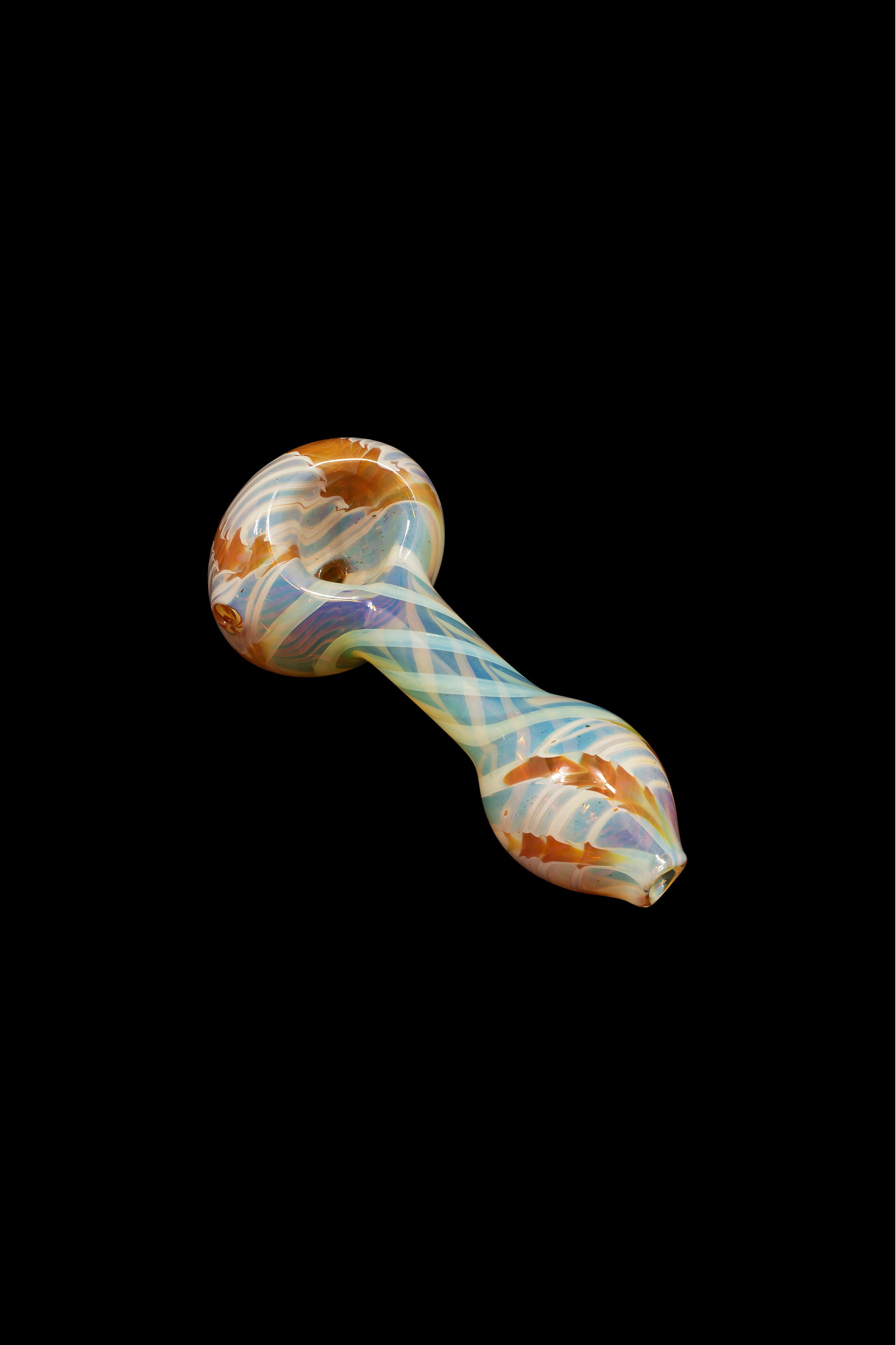 Hand pipe with colorful glass swirls on a black background.