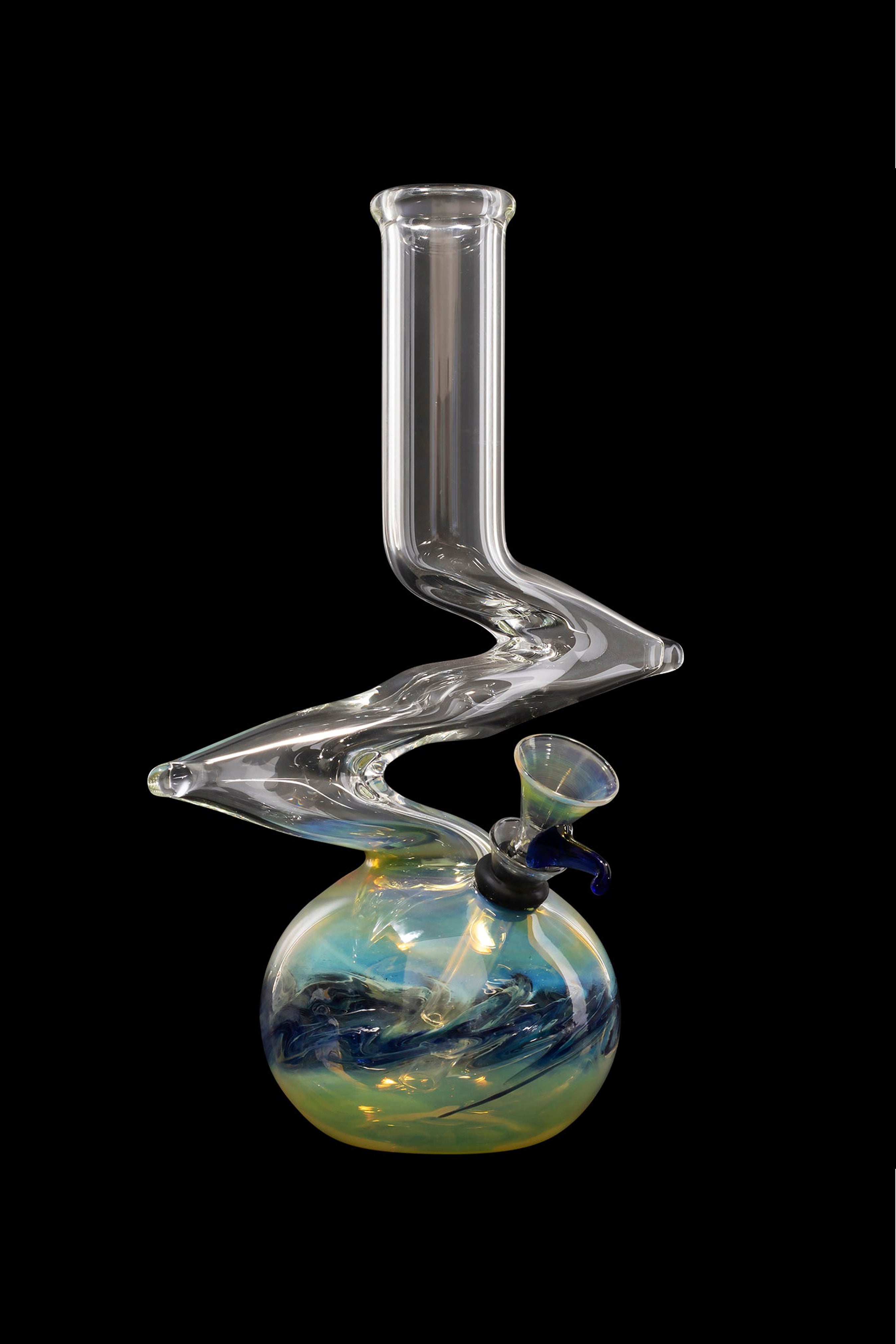 Clear glass water pipe with a spherical base featuring swirling blue and green patterns, against a black background.