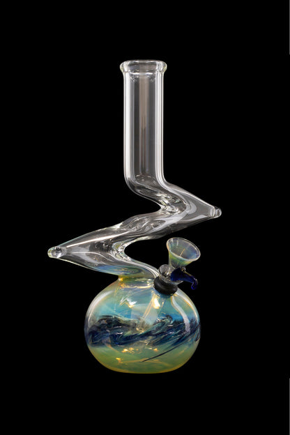 Clear glass water pipe with a spherical base featuring swirling blue and green patterns, against a black background.