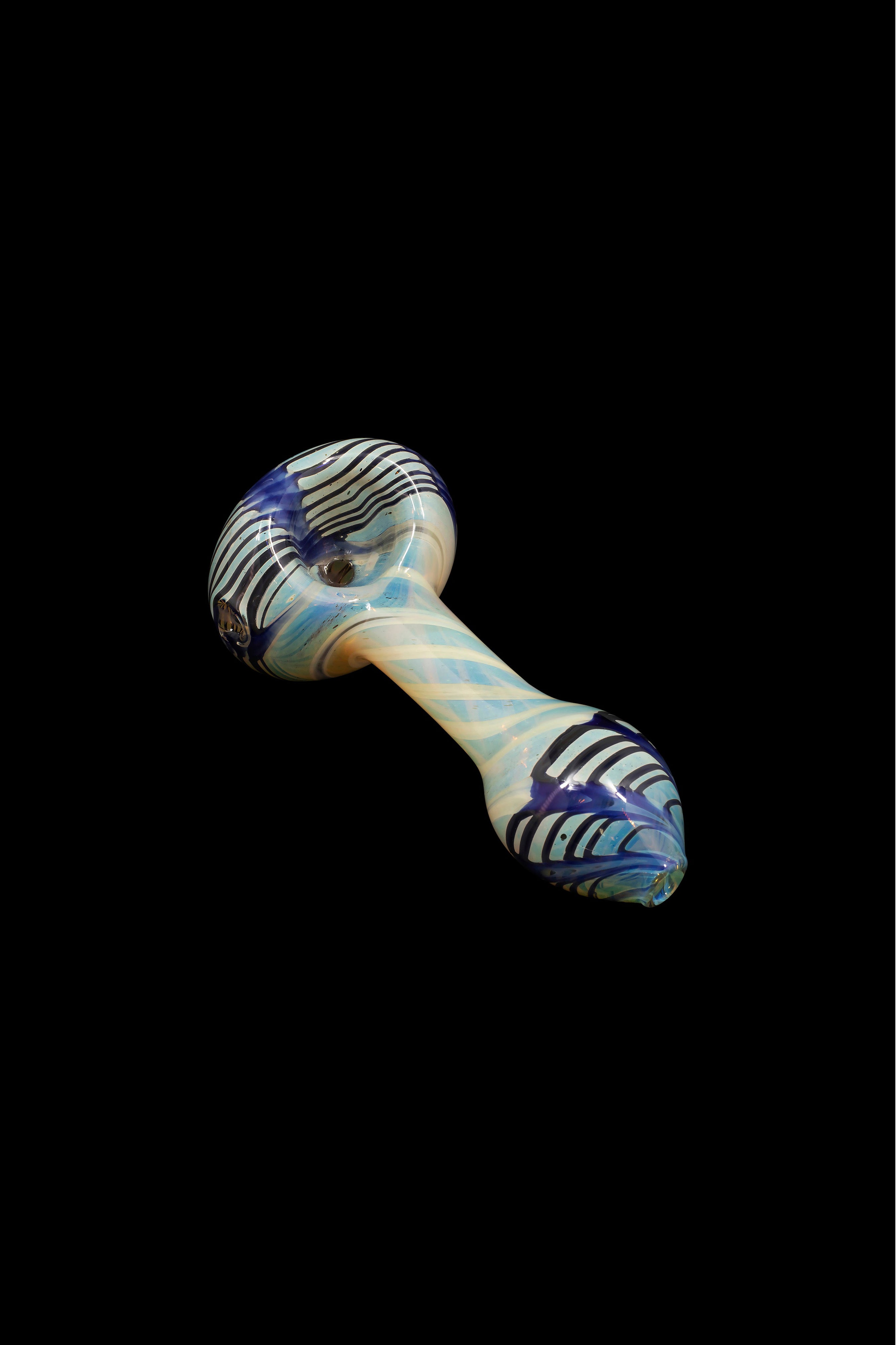 Hand pipe with blue and white striped glass.