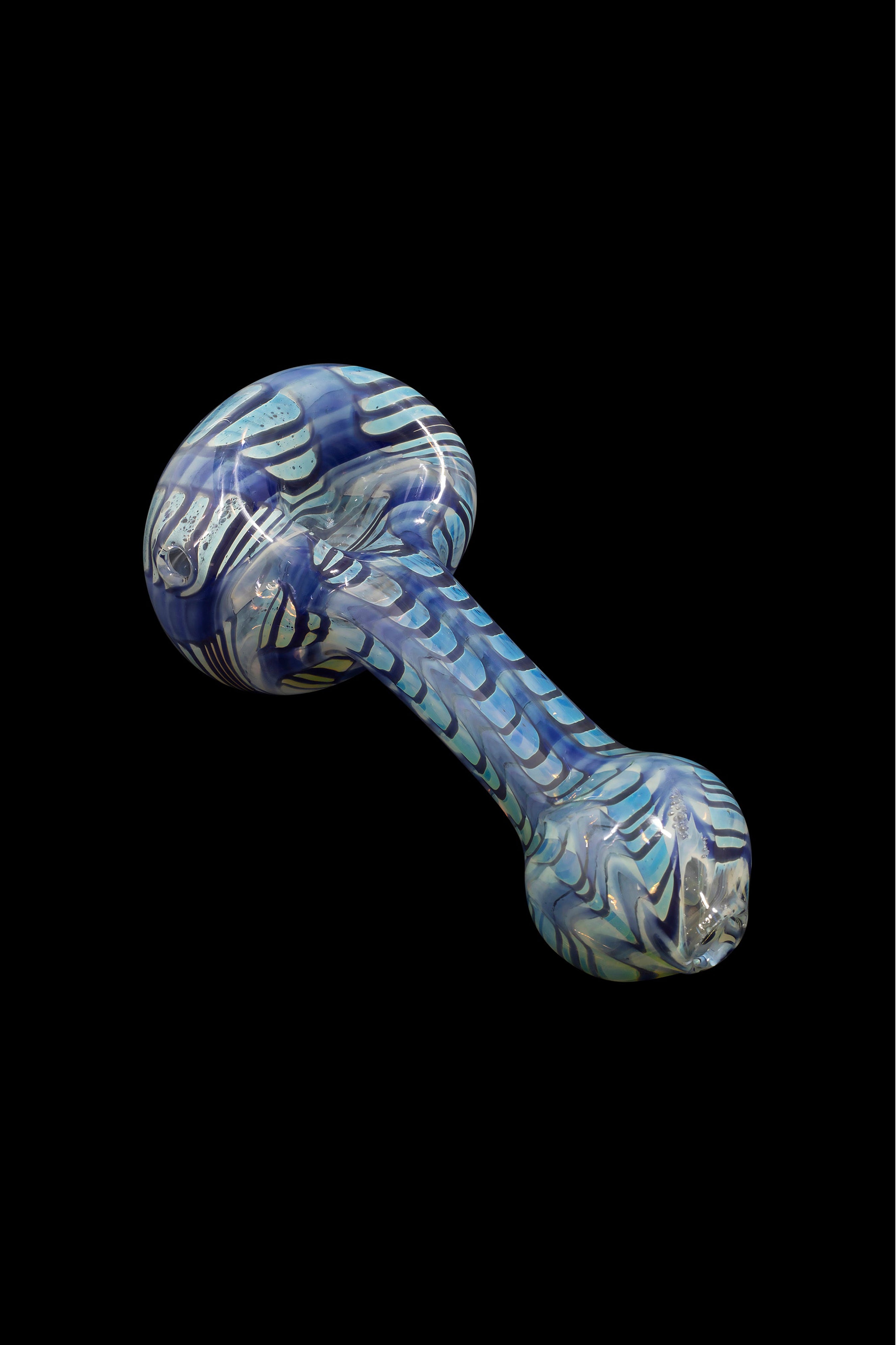 Blue glass cannabis water pipe with intricate swirling patterns.