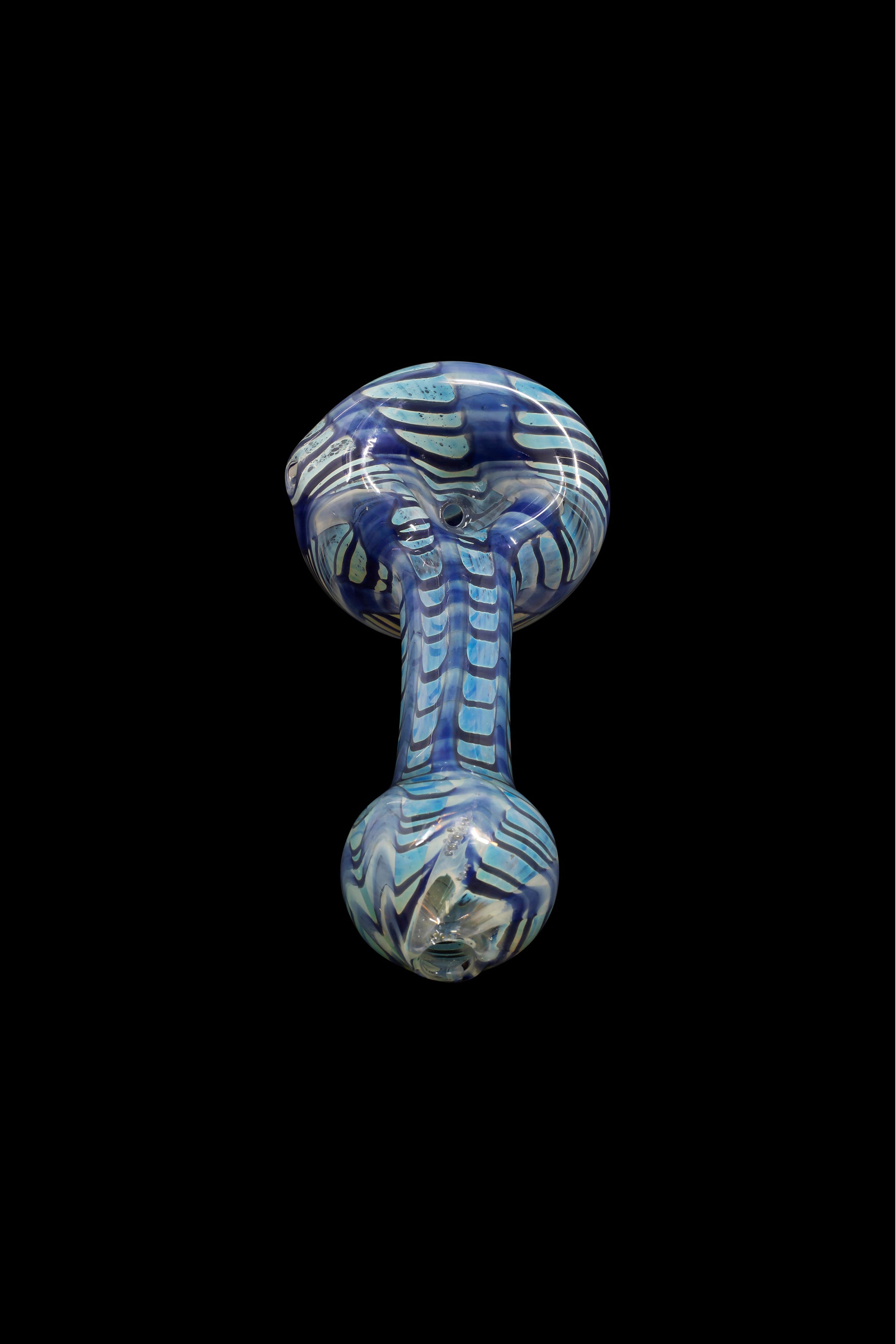 Blue glass pipe with swirling patterns, isolated on a black background.