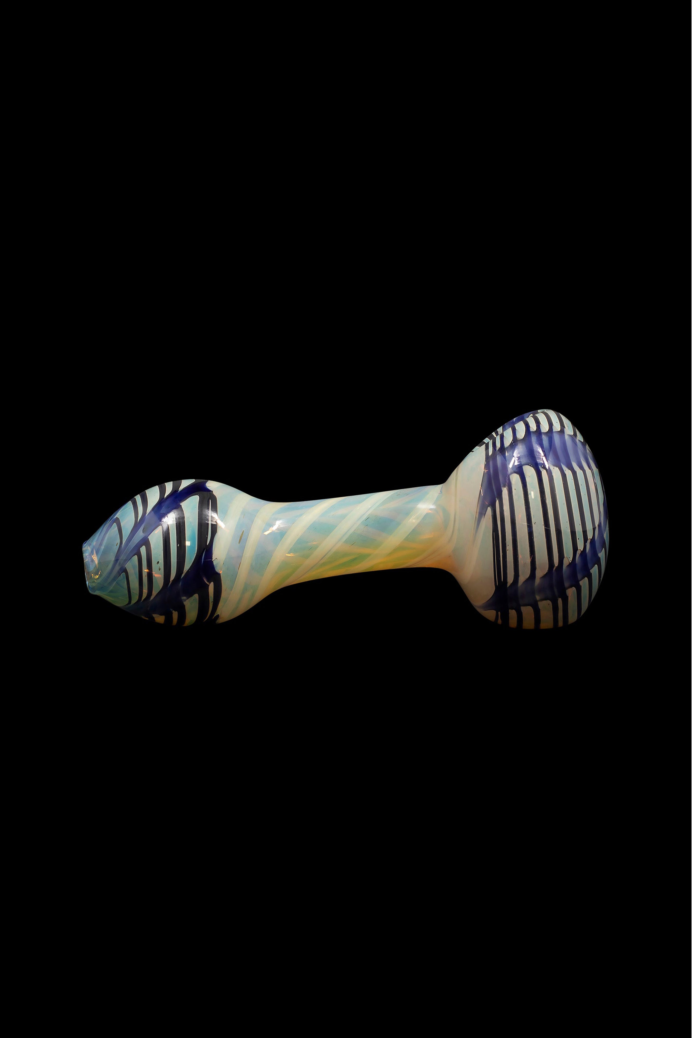 Hand-blown glass pipe with swirling blue, green, and cream colors.