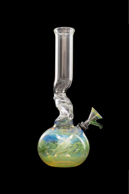 Glass water pipe with swirling green and blue coloration.
