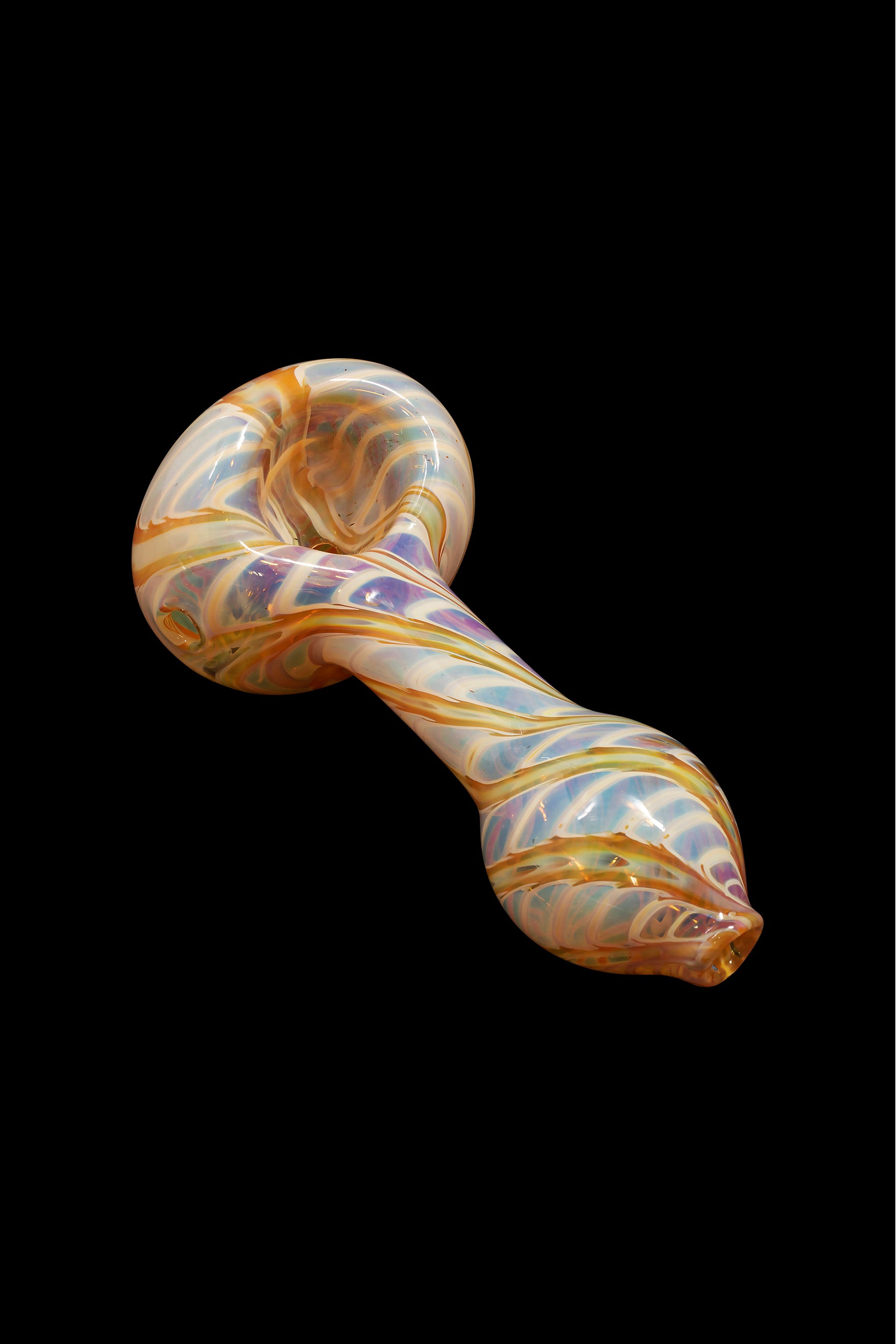 A three-quarter view of the LA Pipes Candy Swirl Glass Spoon Pipe, showcasing its colorful, swirling glass design.
