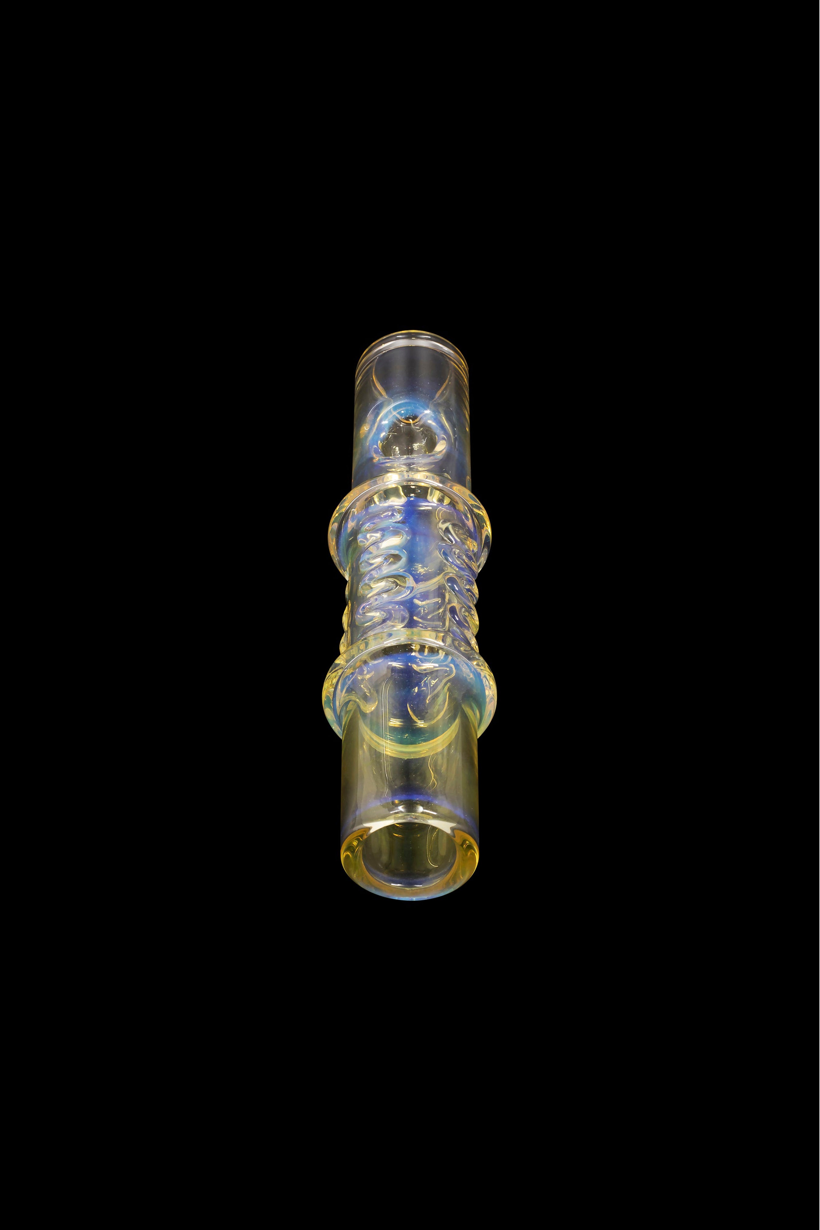 Hand-blown glass cannabis pipe with blue and yellow swirling patterns.
