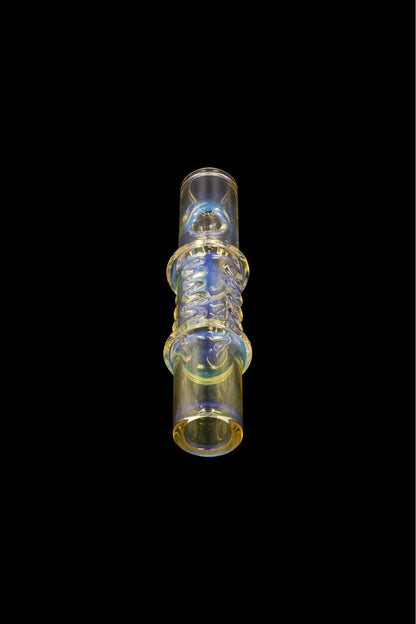 Hand-blown glass cannabis pipe with blue and yellow swirling patterns.