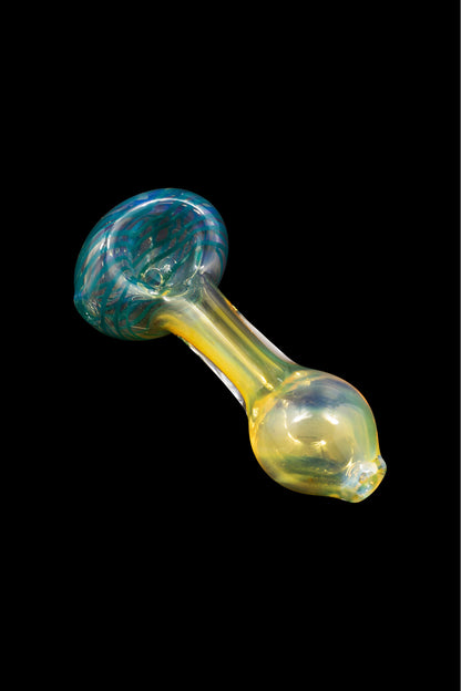 Hand pipe with iridescent blue and yellow glass.