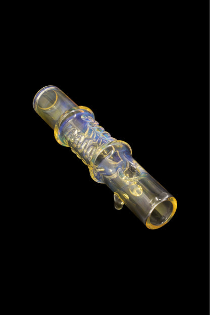 Hand-blown glass cannabis pipe with iridescent blue and gold swirls.