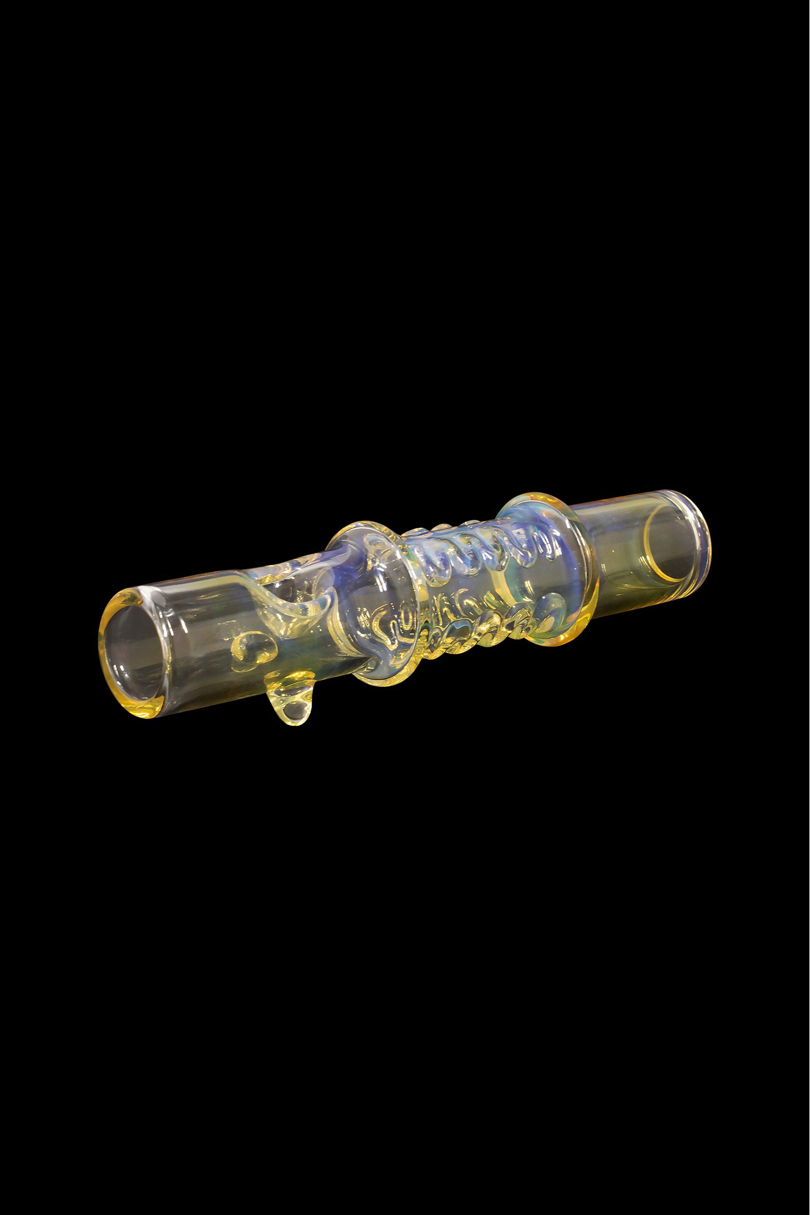 A glass cannabis oil burner pipe with iridescent blue and gold detailing, isolated on a black background.