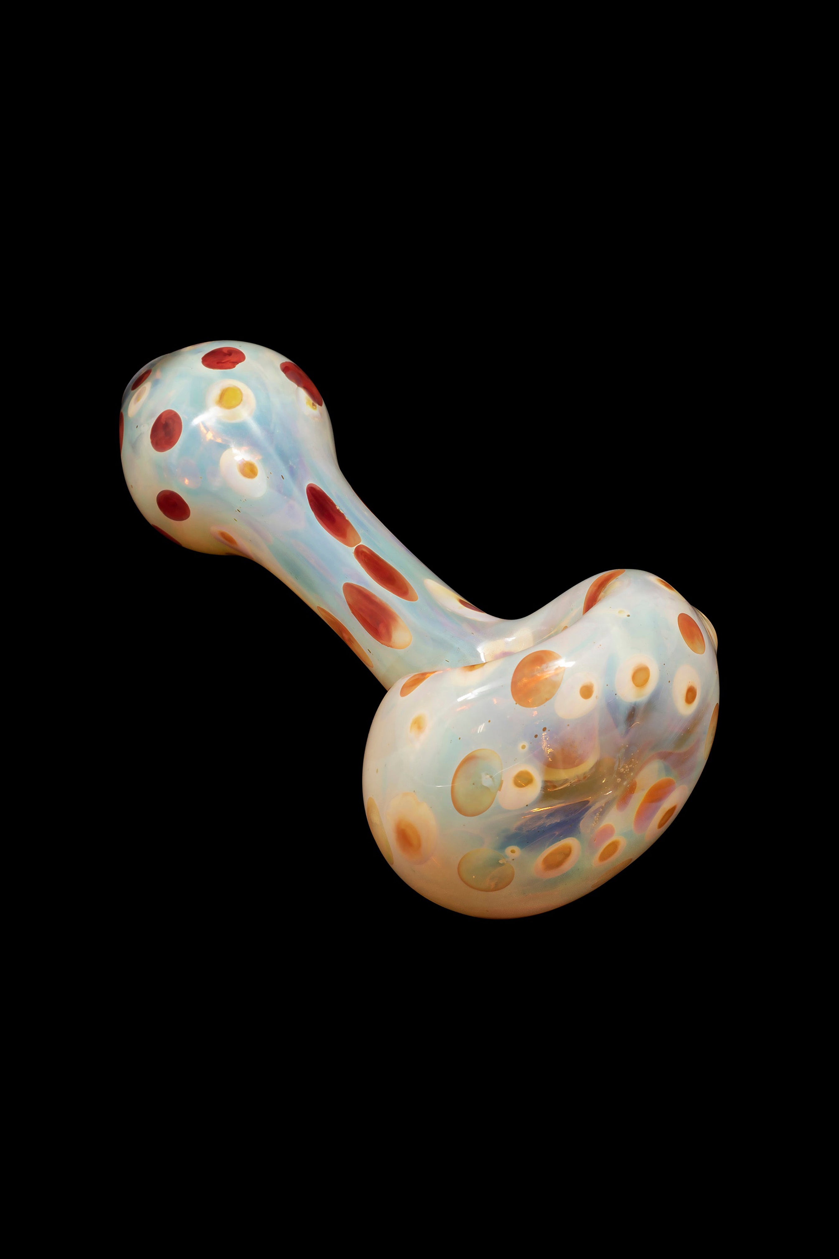 Hand-blown glass bubbler with speckled iridescent finish.