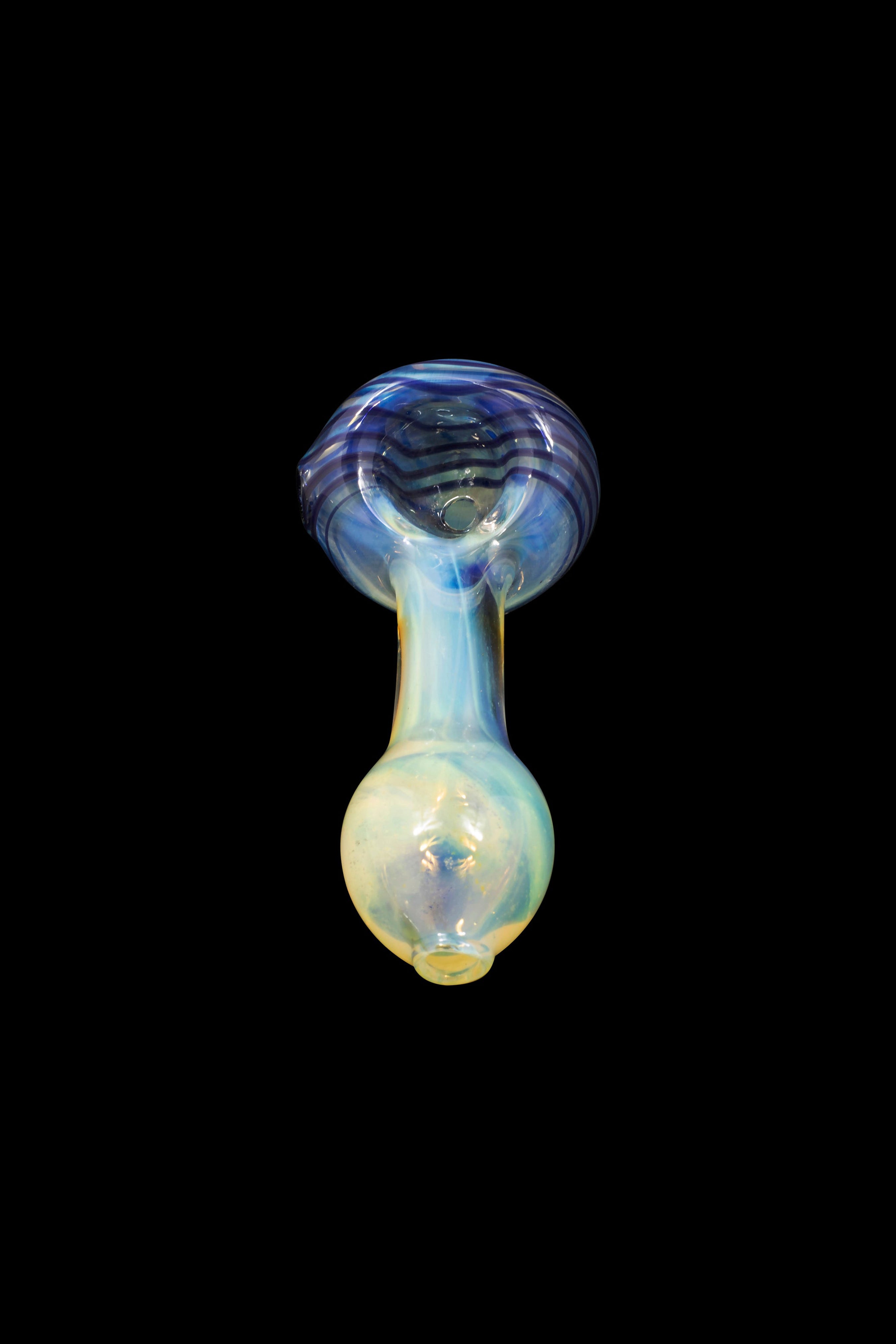 Glass pipe with blue and iridescent pearl finish, isolated on black.