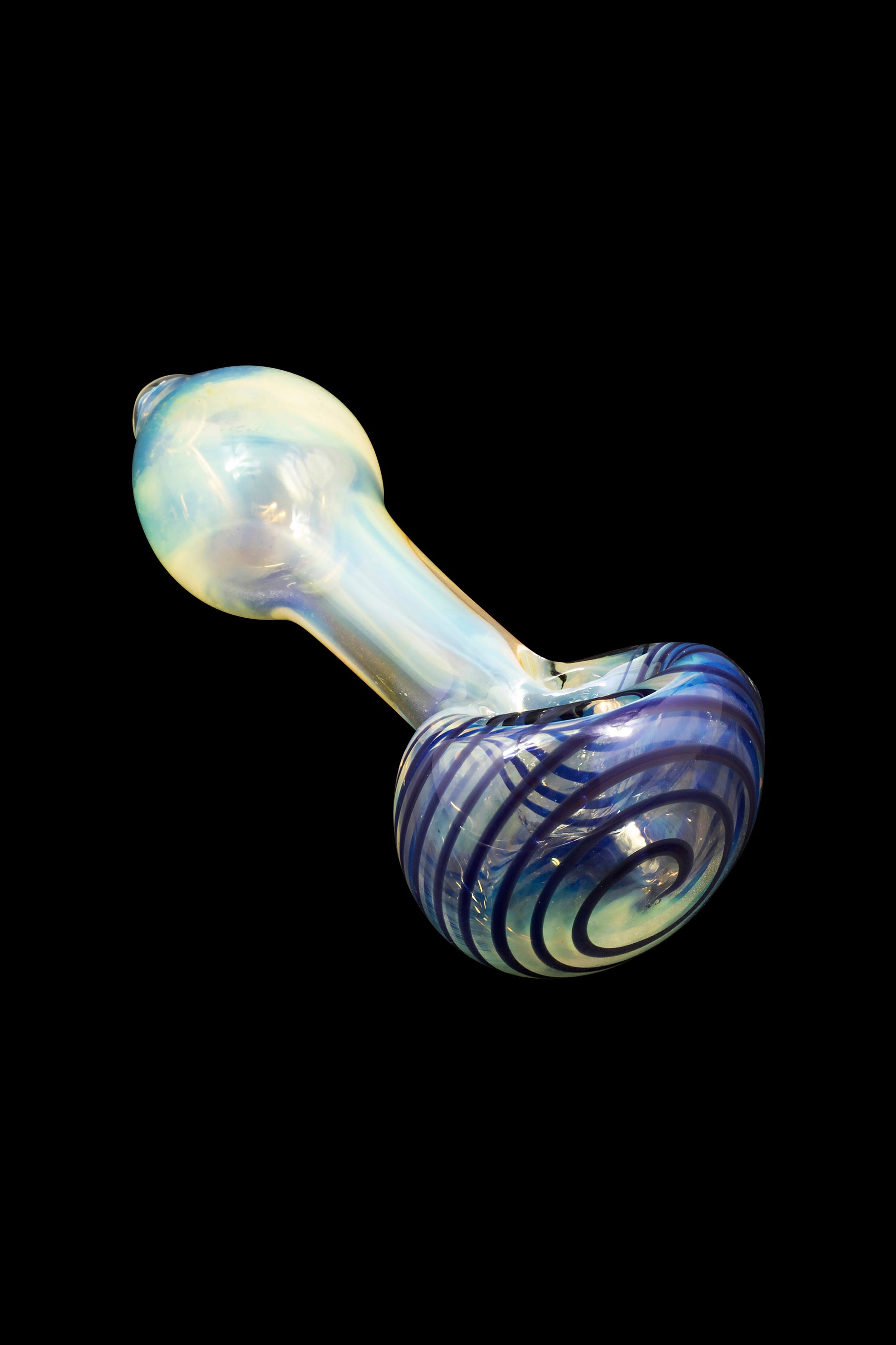 Hand pipe with iridescent and blue striped glass bowl.