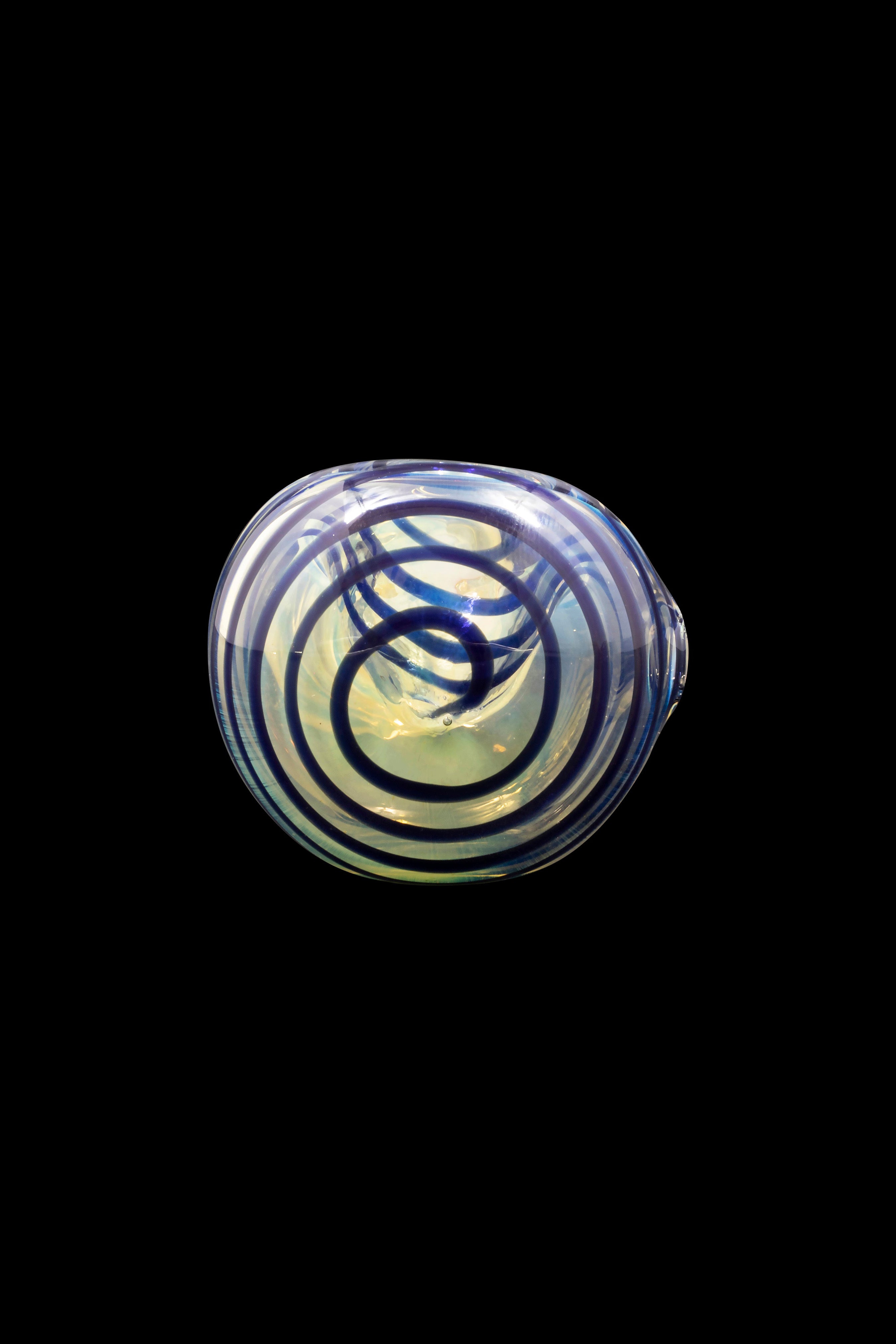 Hand-blown glass cannabis bowl with intricate blue and green swirling patterns.