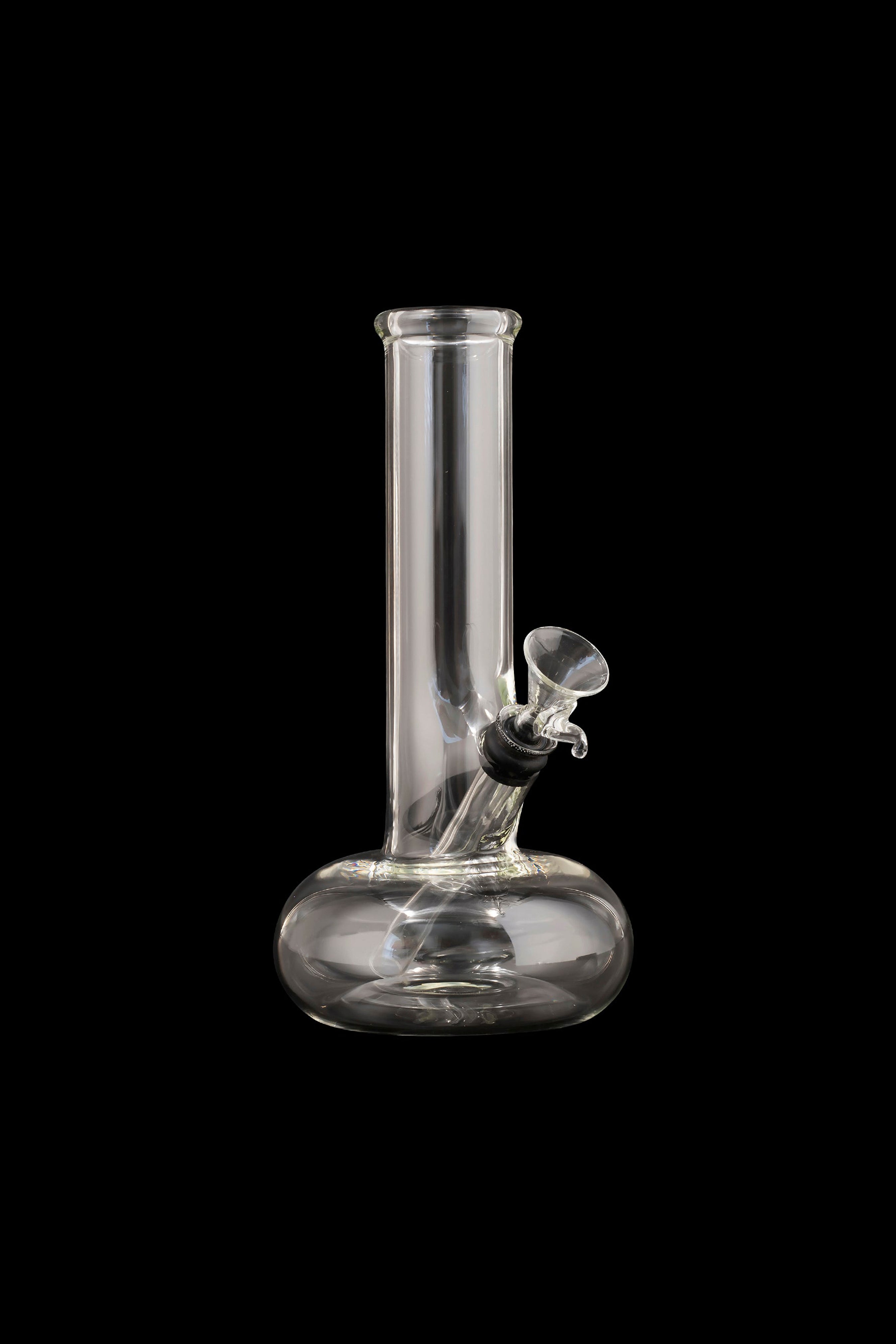 Clear glass water pipe (bong) against a black background.