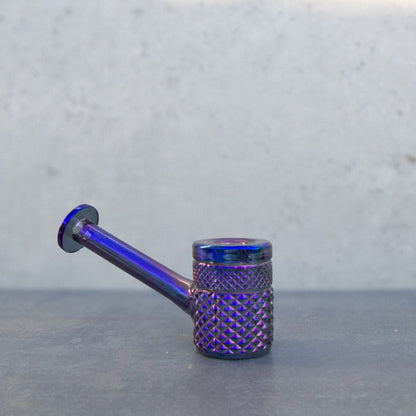 Purple glass oil rig with textured body and mouthpiece.