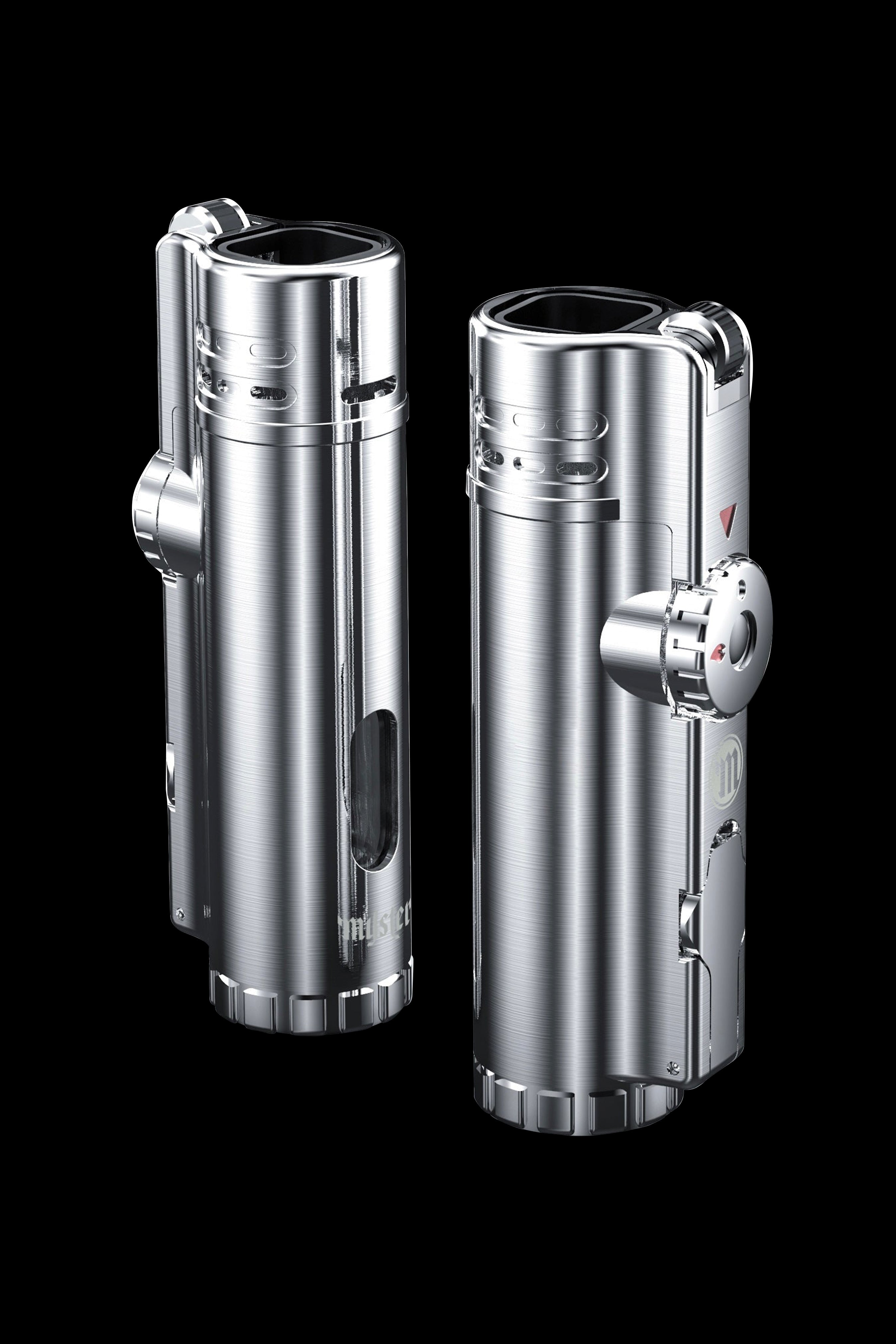 Silver butane torch lighters with visible safety lock, studio shot on black background.