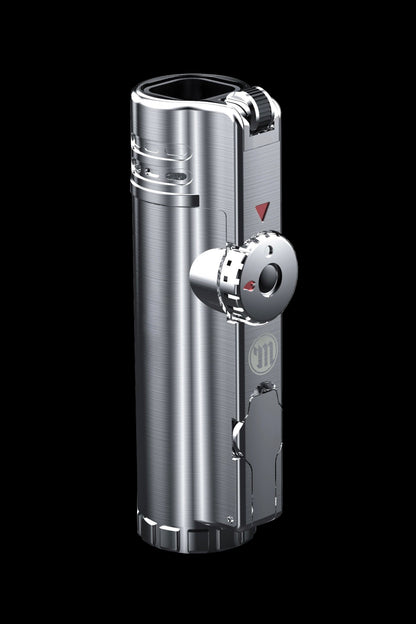 Silver butane torch lighter with adjustable flame control.