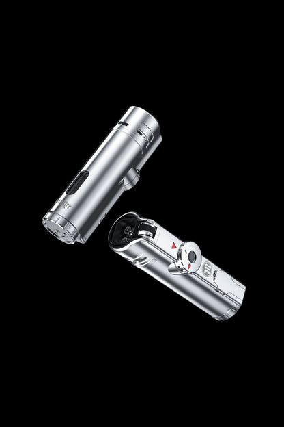 Silver butane torch lighter, open and closed, on a black background.