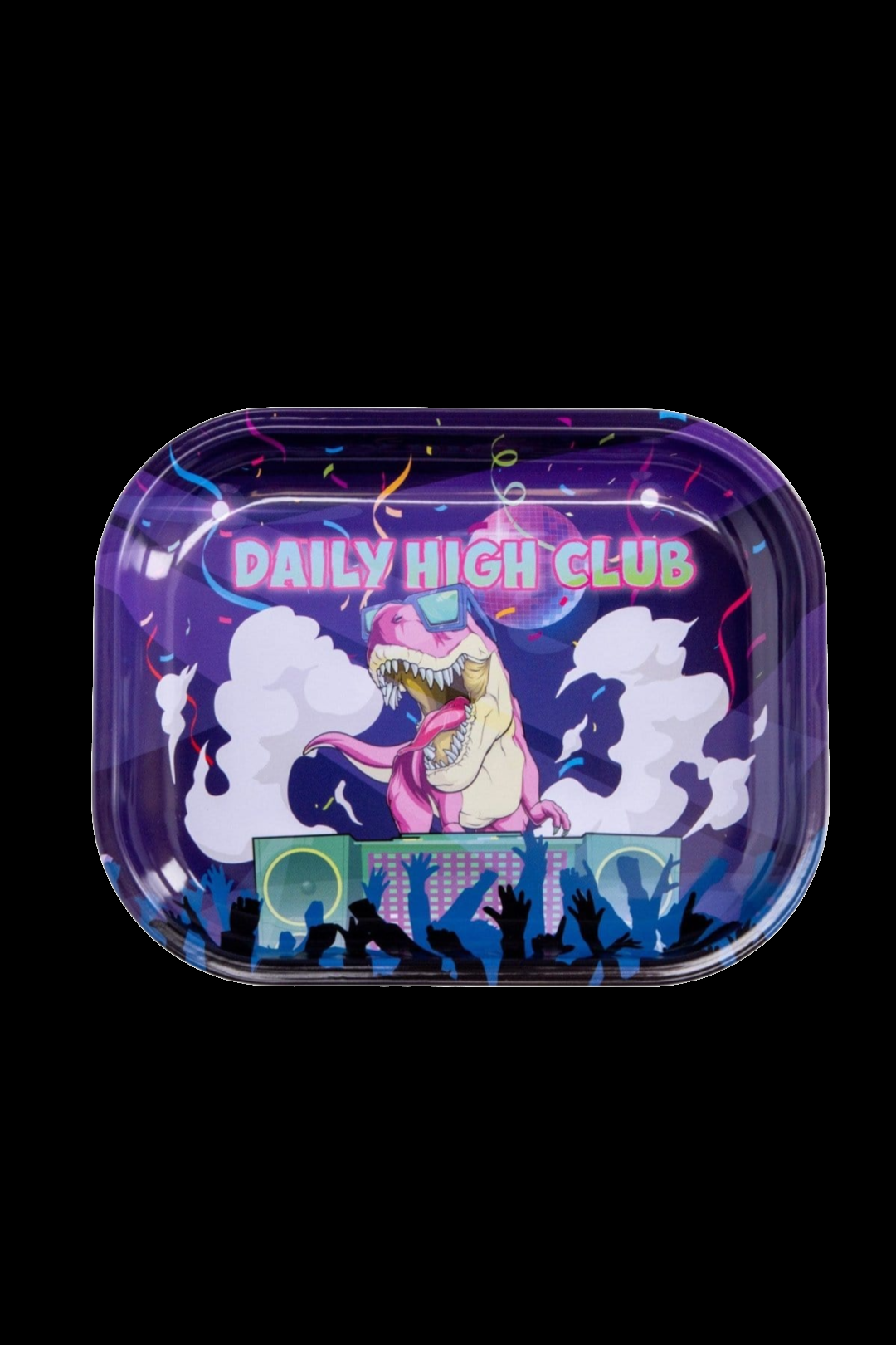 A rolling tray featuring a cartoon Tyrannosaurus Rex performing at a concert with a crowd of silhouetted figures, branded with "DAILY HIGH CLUB" in vibrant lettering.