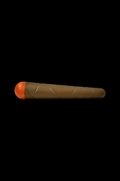 Side view of a brown toy with an orange rounded end on a black background, the Puff Palz Doggie Doob Dog Toy.