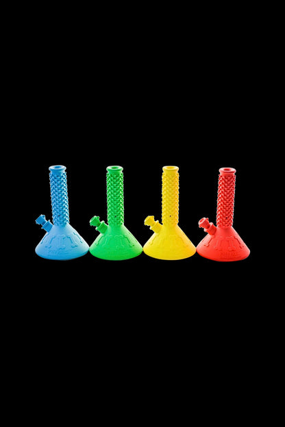 Four colorful silicone water pipes (bongs) arranged in a row on a black background.