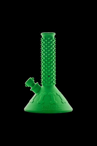Green silicone water pipe with textured exterior and brand logo.