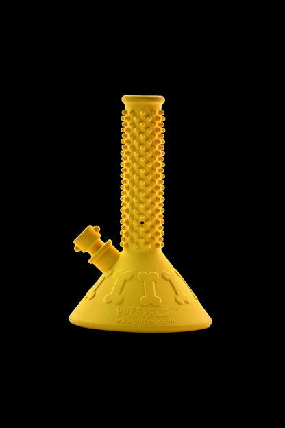 Yellow glass water pipe (bong) with textured stem and branded base.