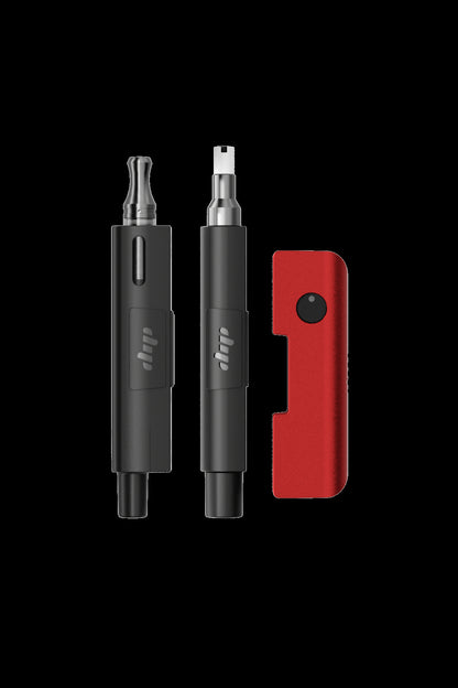 Black cannabis vape pen with two interchangeable mouthpieces and a red charging case on a white background.