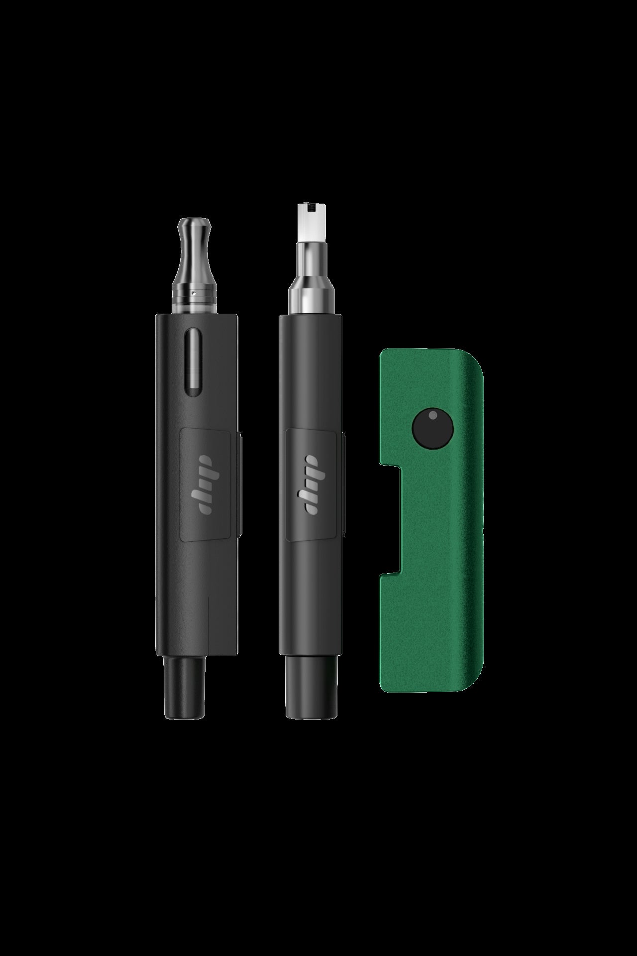 Black and green cannabis vape pen and charging case.