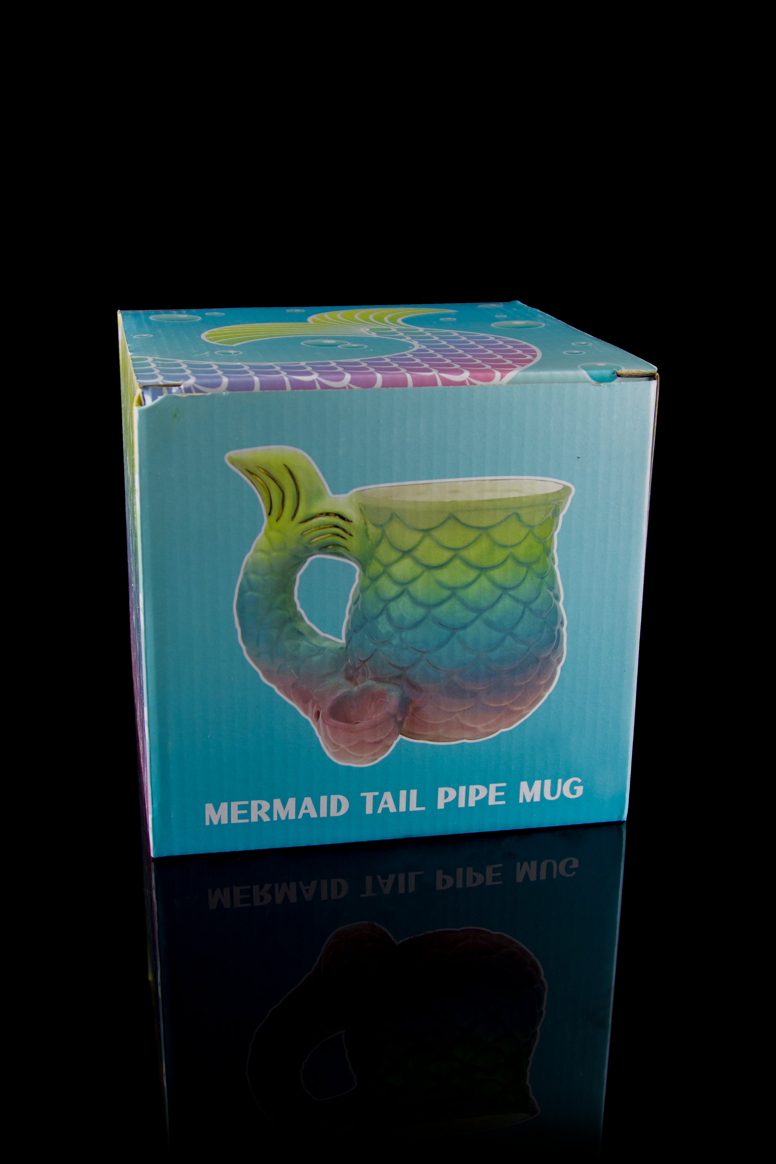 Retail box for a colorful, mermaid tail-shaped smoking pipe/mug.