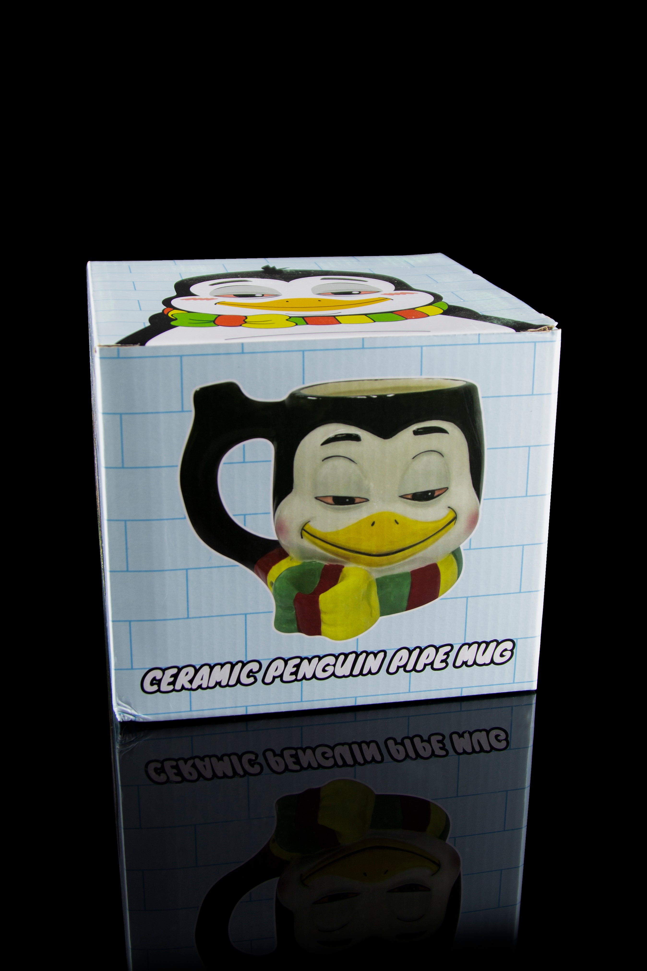 Box for a ceramic penguin-shaped smoking pipe/mug with reflective surface.