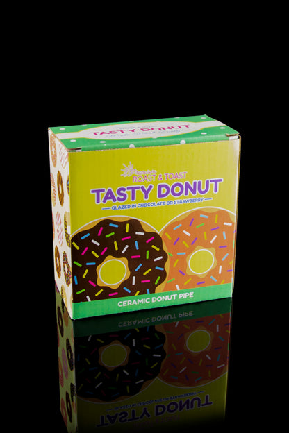Colorful packaging for “Tasty Donut” ceramic cannabis pipes, featuring images of sprinkled donuts and flavor options like chocolate and strawberry.