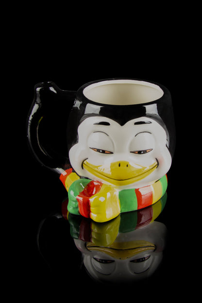 Ceramic water pipe shaped like a smiling, traditionally dressed Japanese man, reflected on a black surface.