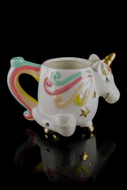 Ceramic unicorn water pipe with colorful accents and a glossy reflective surface.
