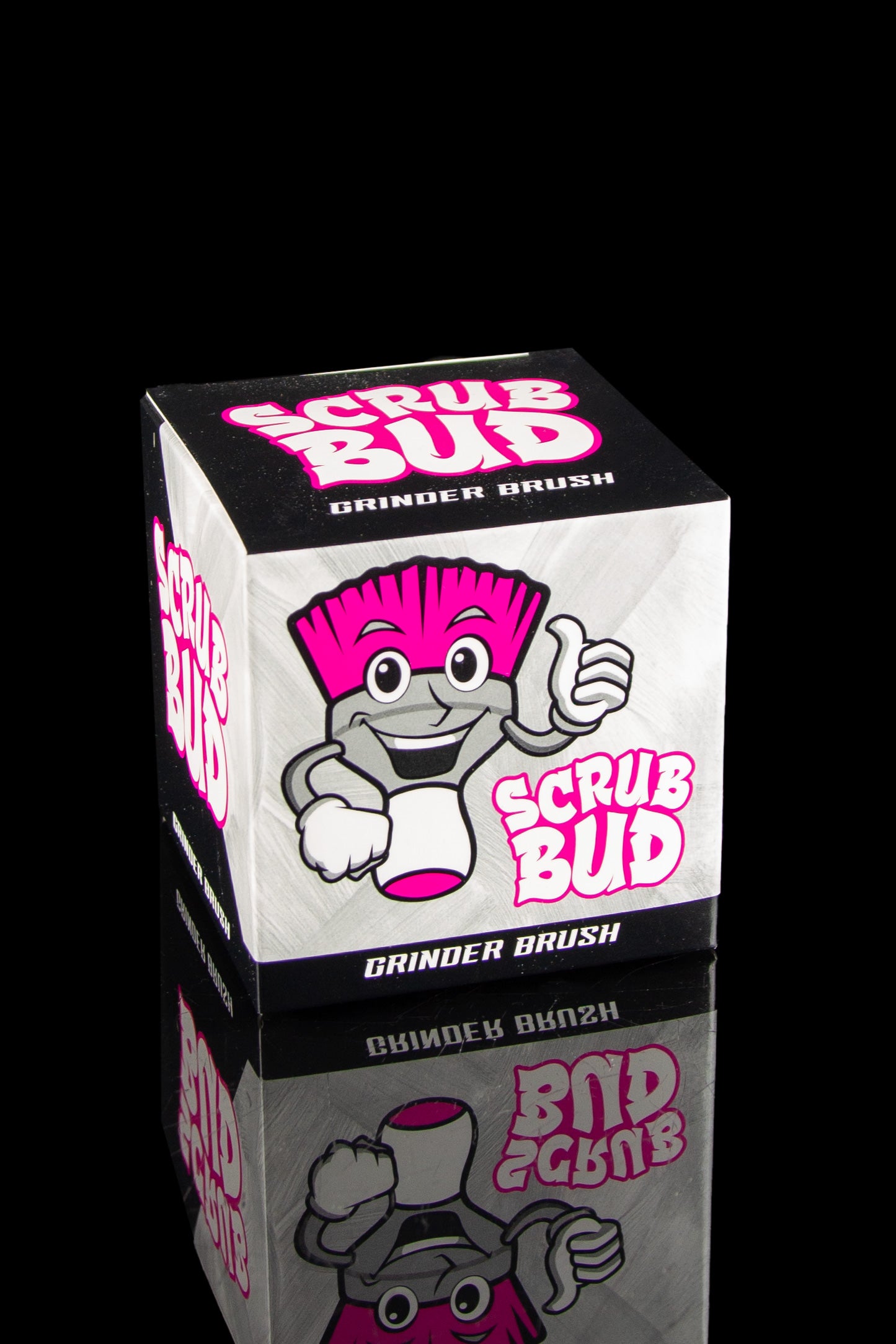 A stack of three "Scrub Bud" grinder brush boxes featuring a cartoon character giving a thumbs-up.