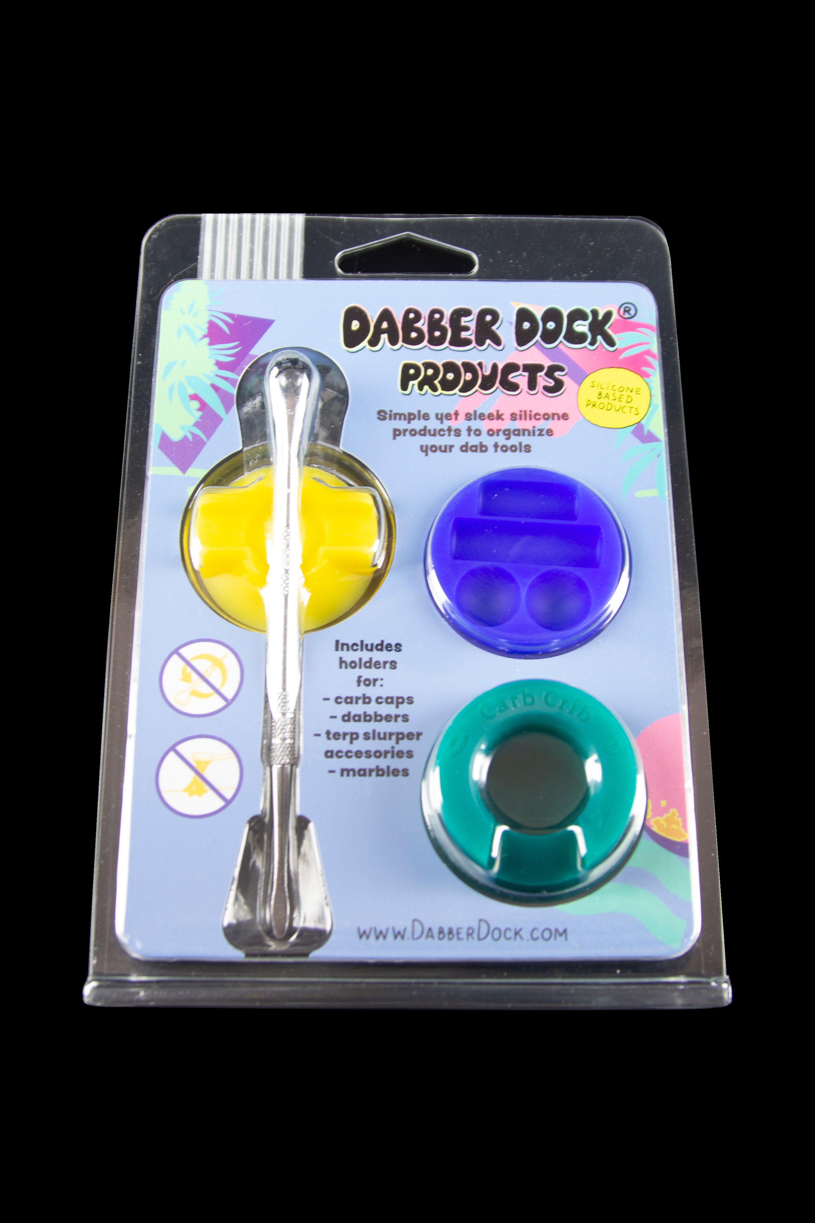 Colorful silicone organizer for cannabis dabbing tools, including carb caps, dabbers, and marbles, branded as “Dabber Dock.”