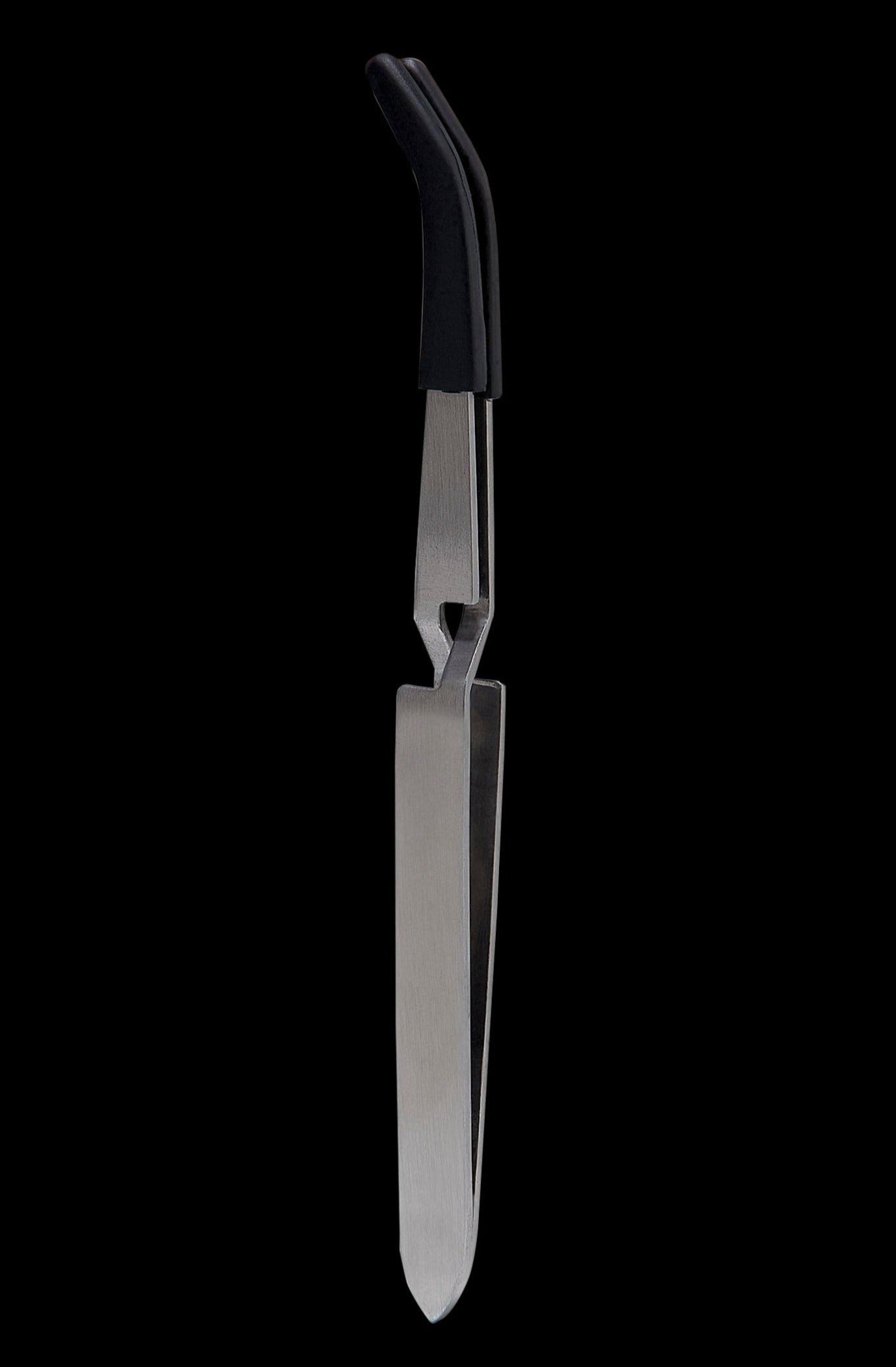Stainless steel cannabis tweezer with black grip.