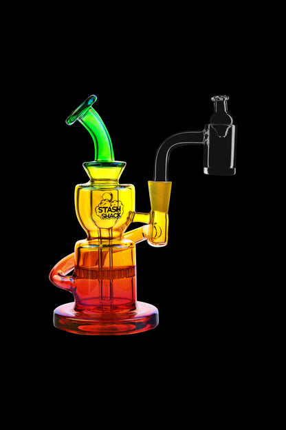 Red glass water pipe with iridescent accents and a quartz dab rig next to it, against a black background.