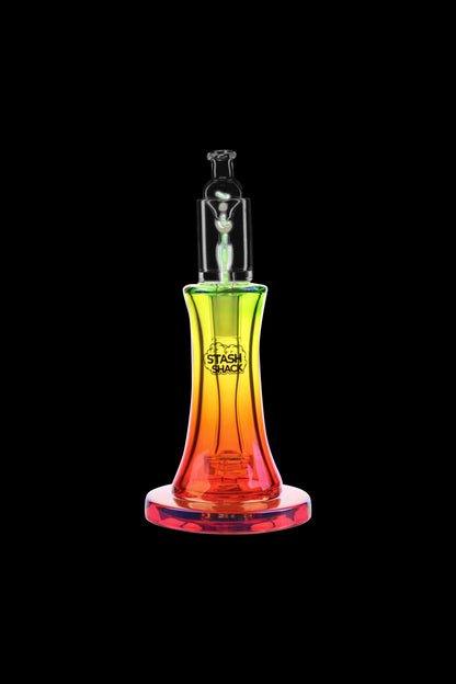 Colorful glass dab rig with “Stash Shack” logo against a black background.