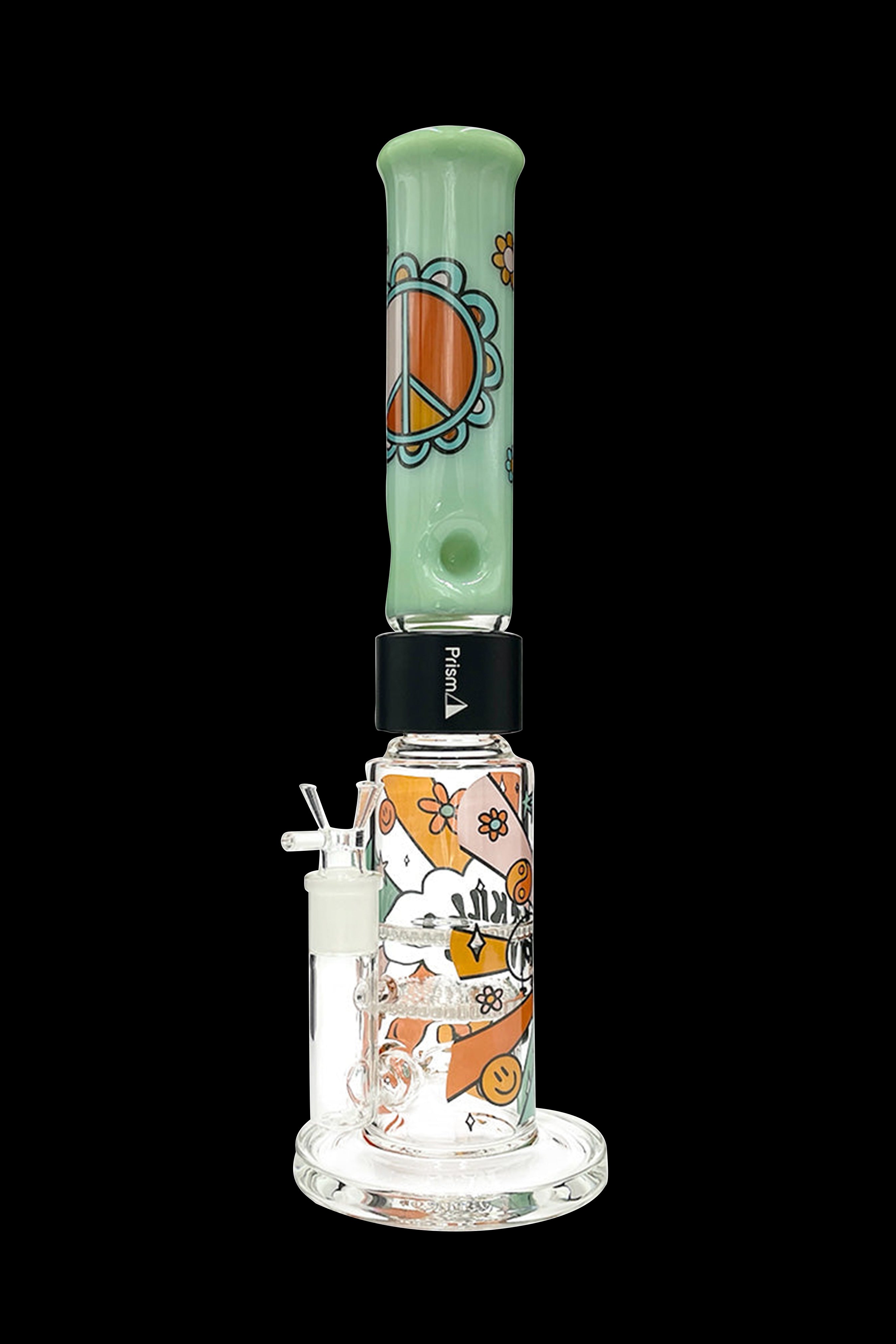 A colorful glass water pipe (bong) with a whimsical, cartoon-style floral design and a black mouthpiece.