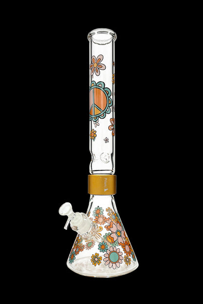 Glass bong with a colorful, retro floral and peace sign design.