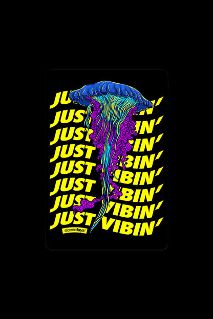 Vibrant sticker design featuring a jellyfish-shaped cannabis bud with the repeated text "JUST VIBIN'." 
