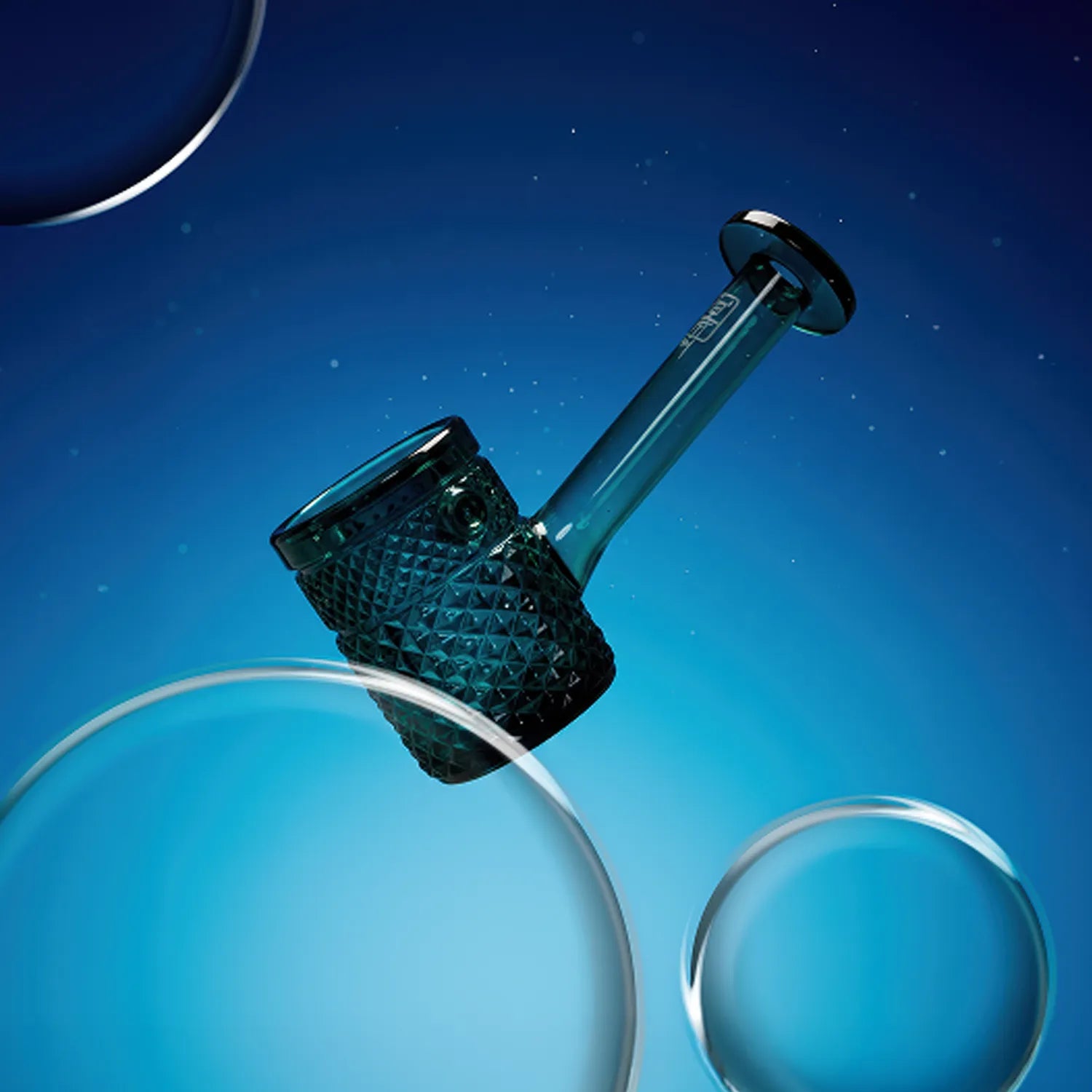 Angled close-up of the teal textured bowl and straight neck of the Jane West Twenties Collection Hand Pipe against a deep blue, bubble-speckled background