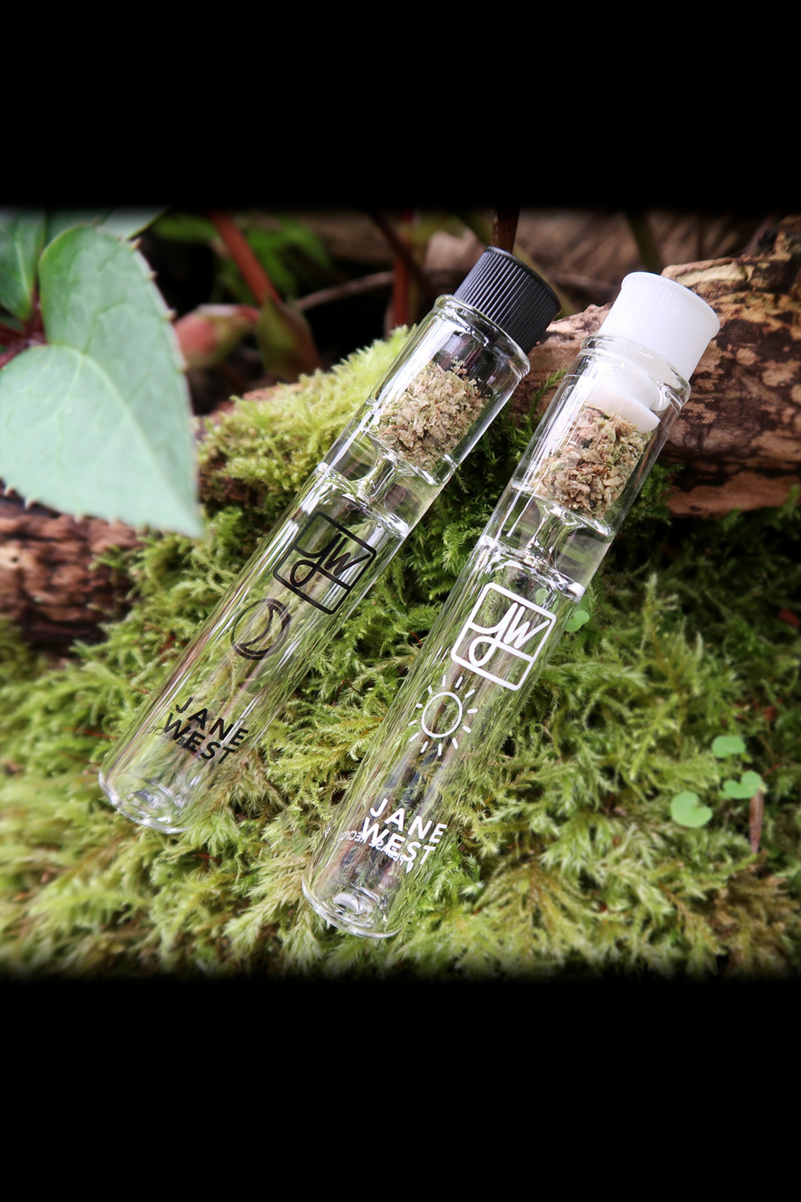 Two clear glass tubes filled with cannabis buds rest on vibrant green moss, branded with "Jane West."