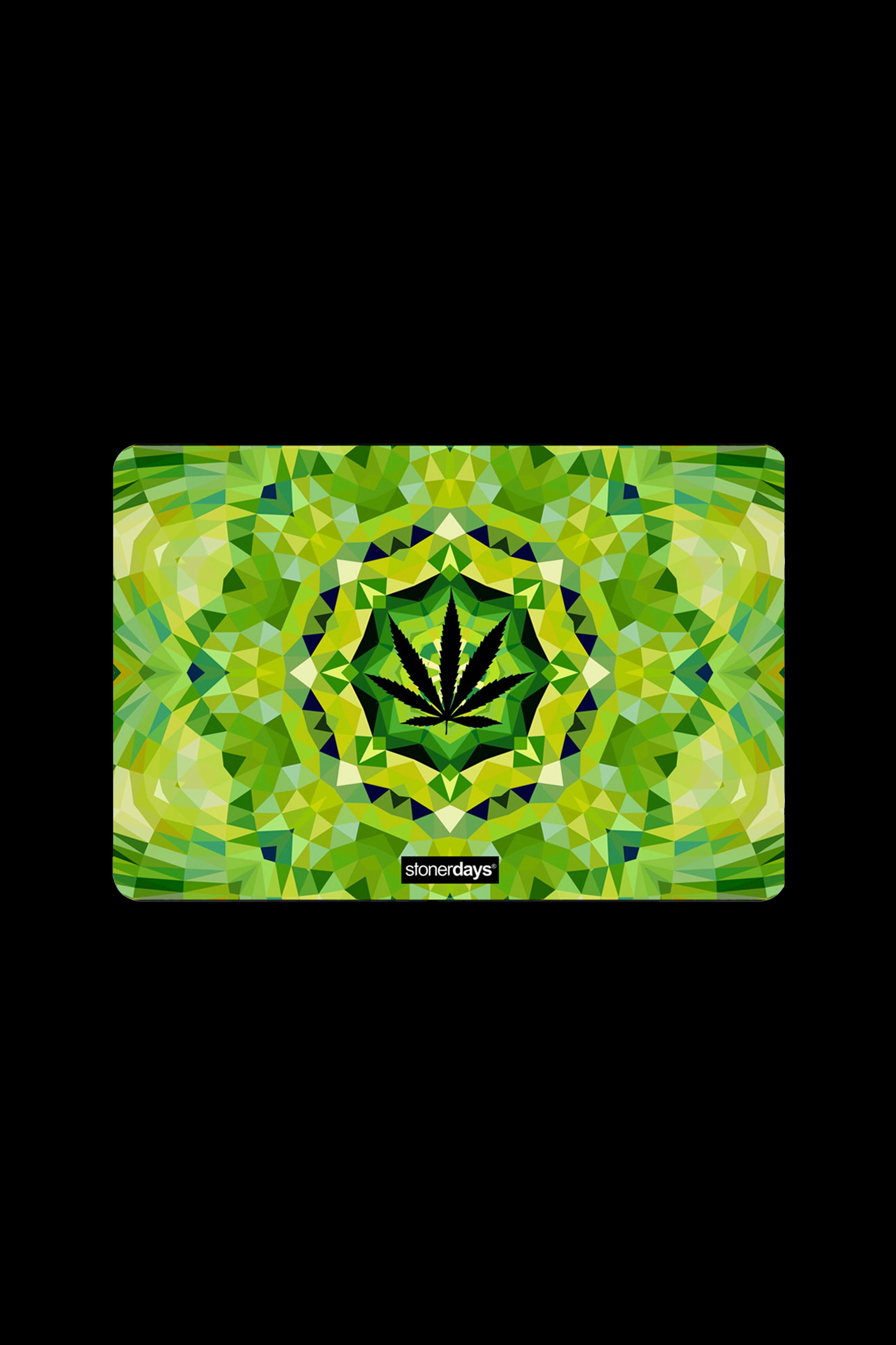 Geometric cannabis leaf pattern on a tray with “stonerdays” branding.