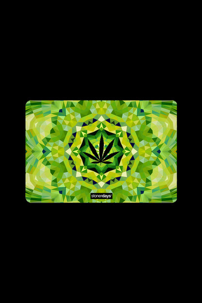 Geometric cannabis leaf pattern on a tray with “stonerdays” branding.