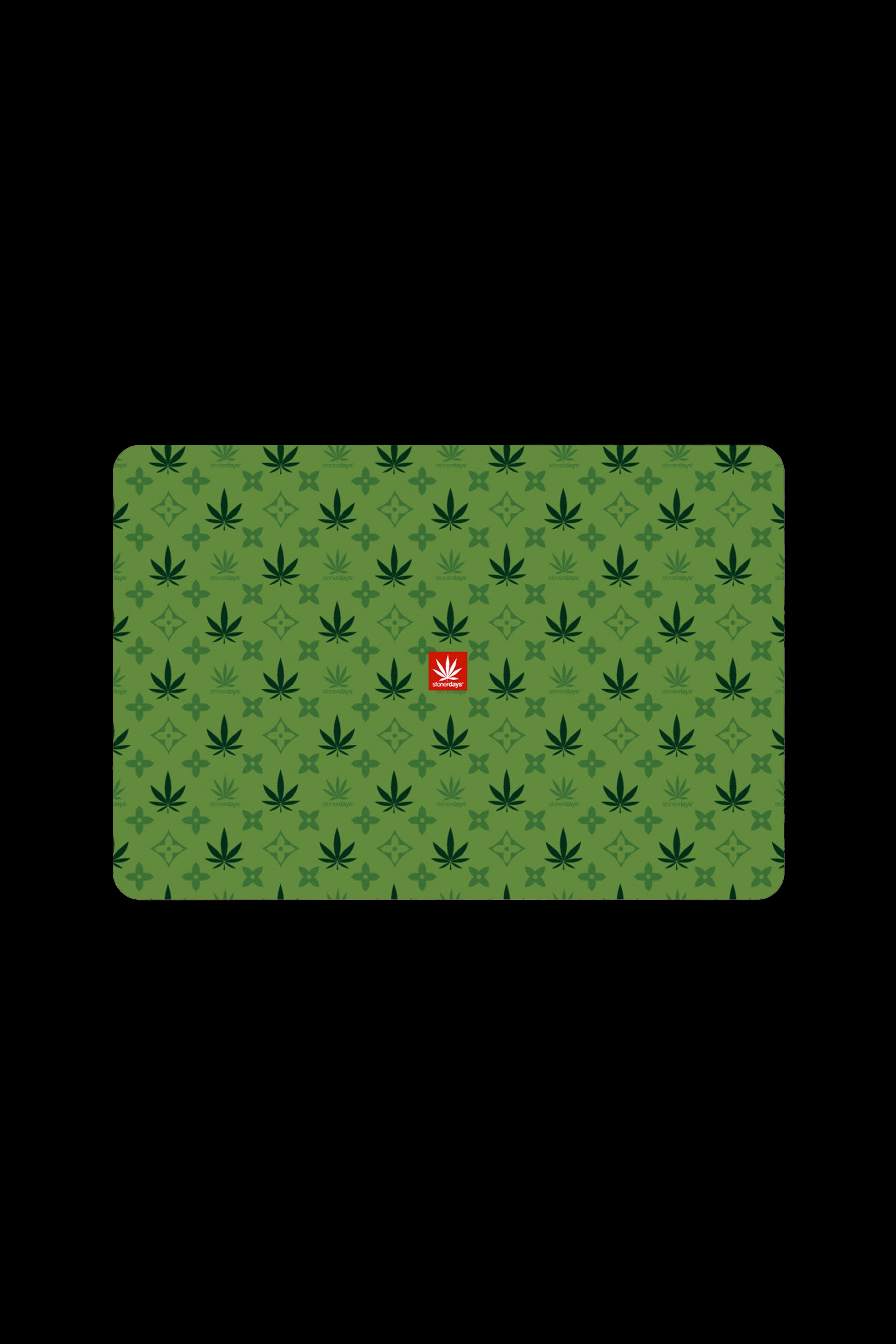 Green cannabis leaf patterned rolling tray with a central logo.