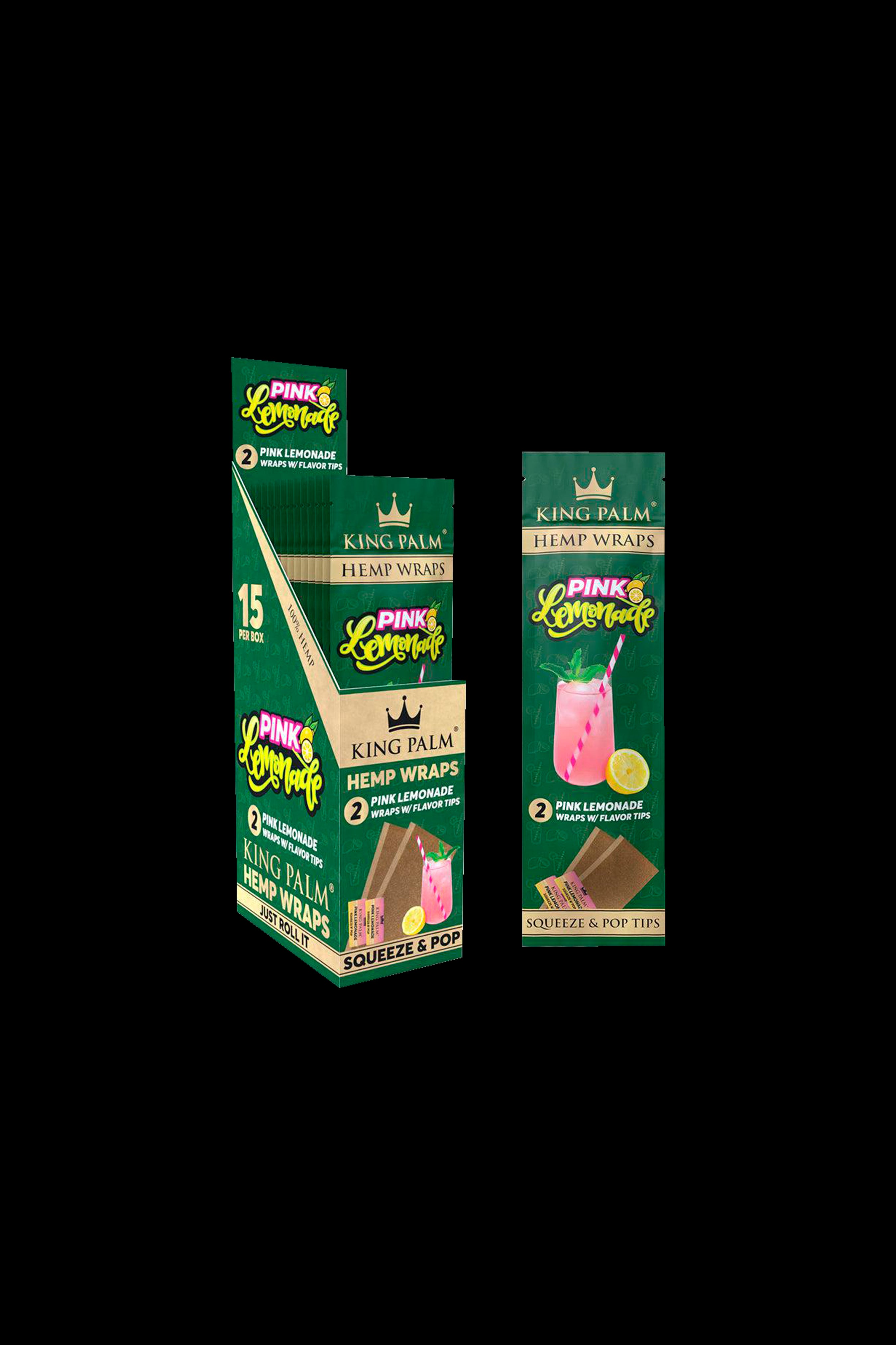 Close-up of King Palm Hemp Wraps in Pink Lemonade flavor, displayed in packaging with a drink illustration. 