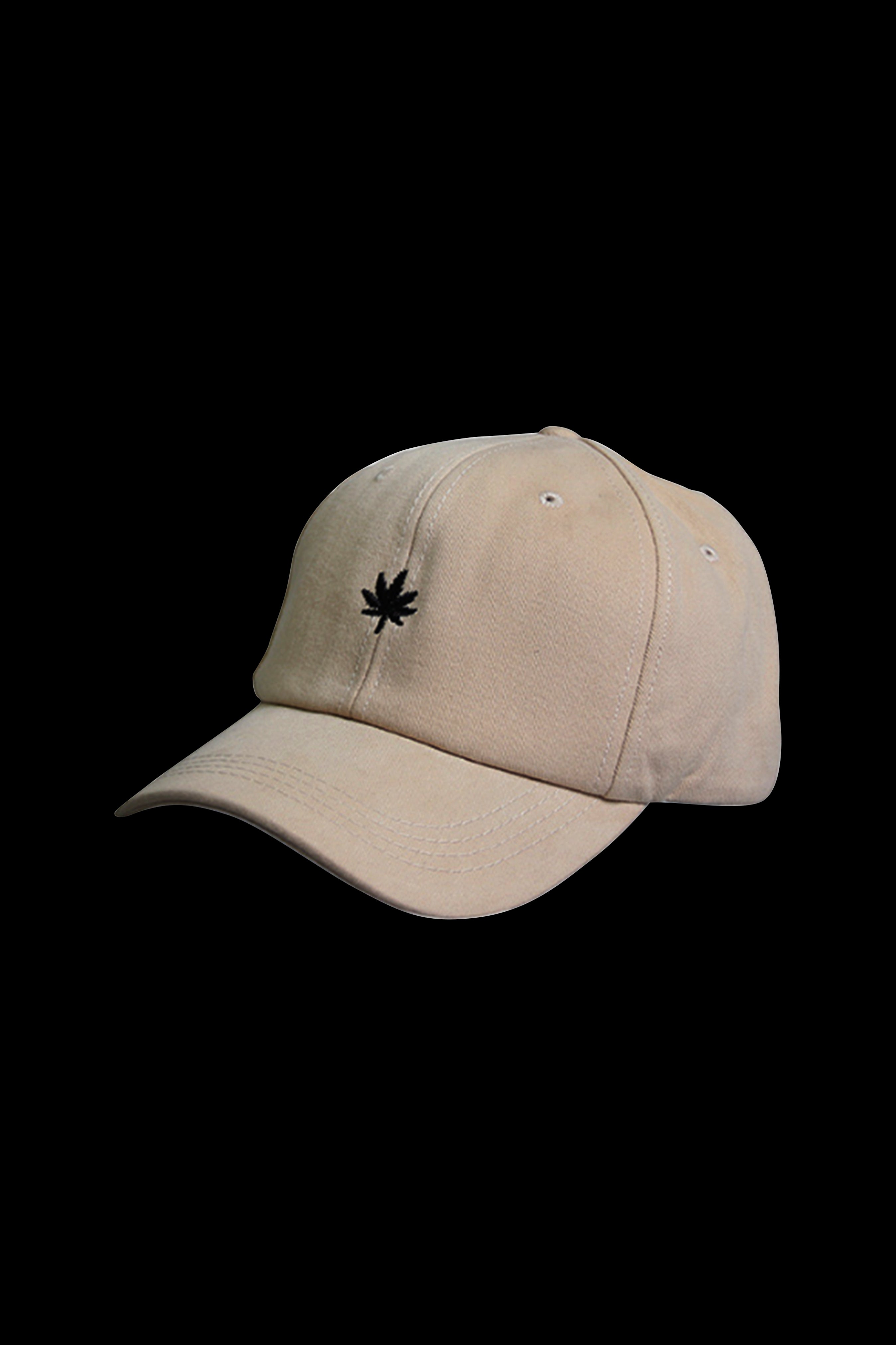Tan baseball cap embroidered with a cannabis leaf.
